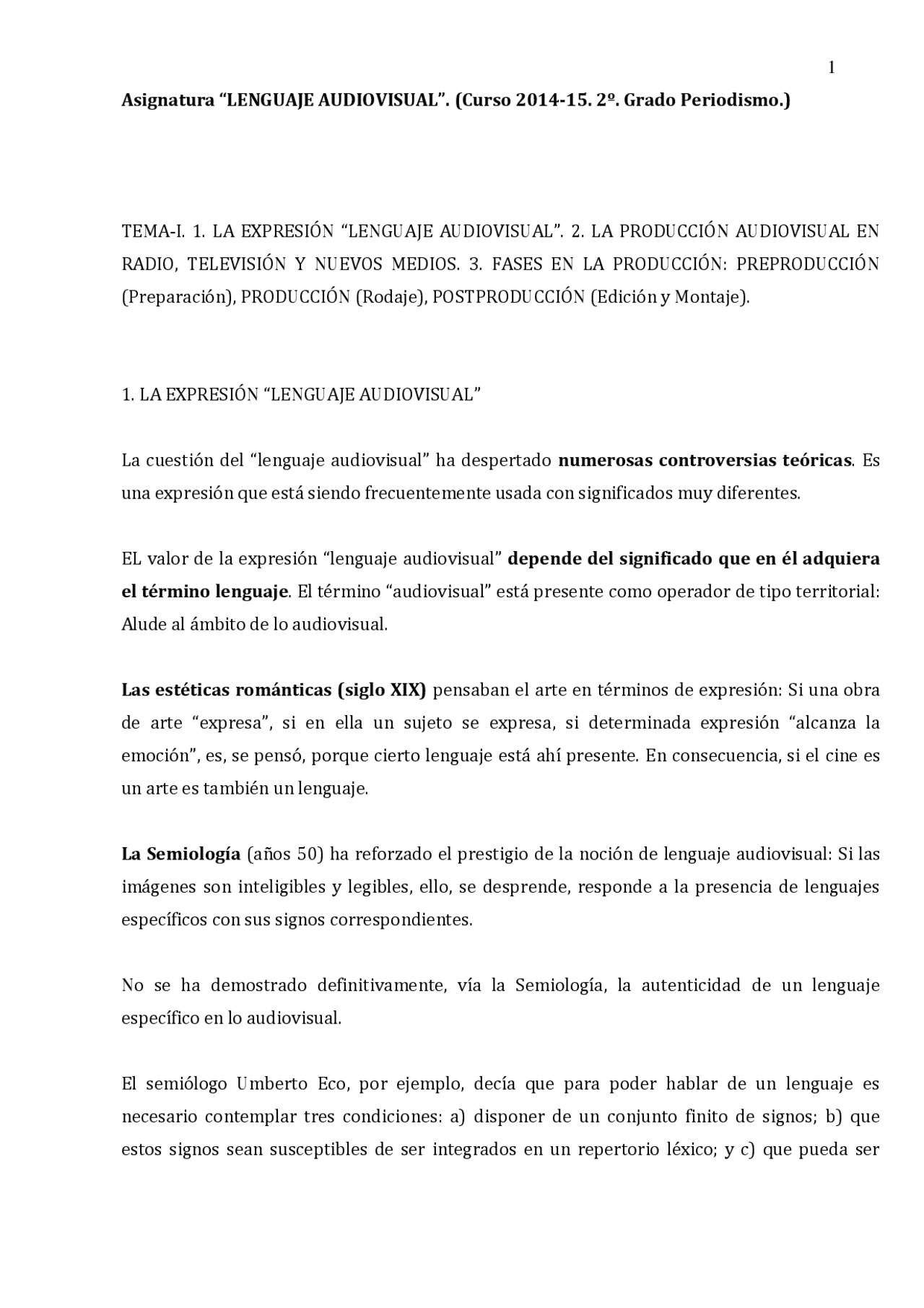 Lenguaje audiovisual (2014-2015) - Apuntes de Periodismo - Docsity