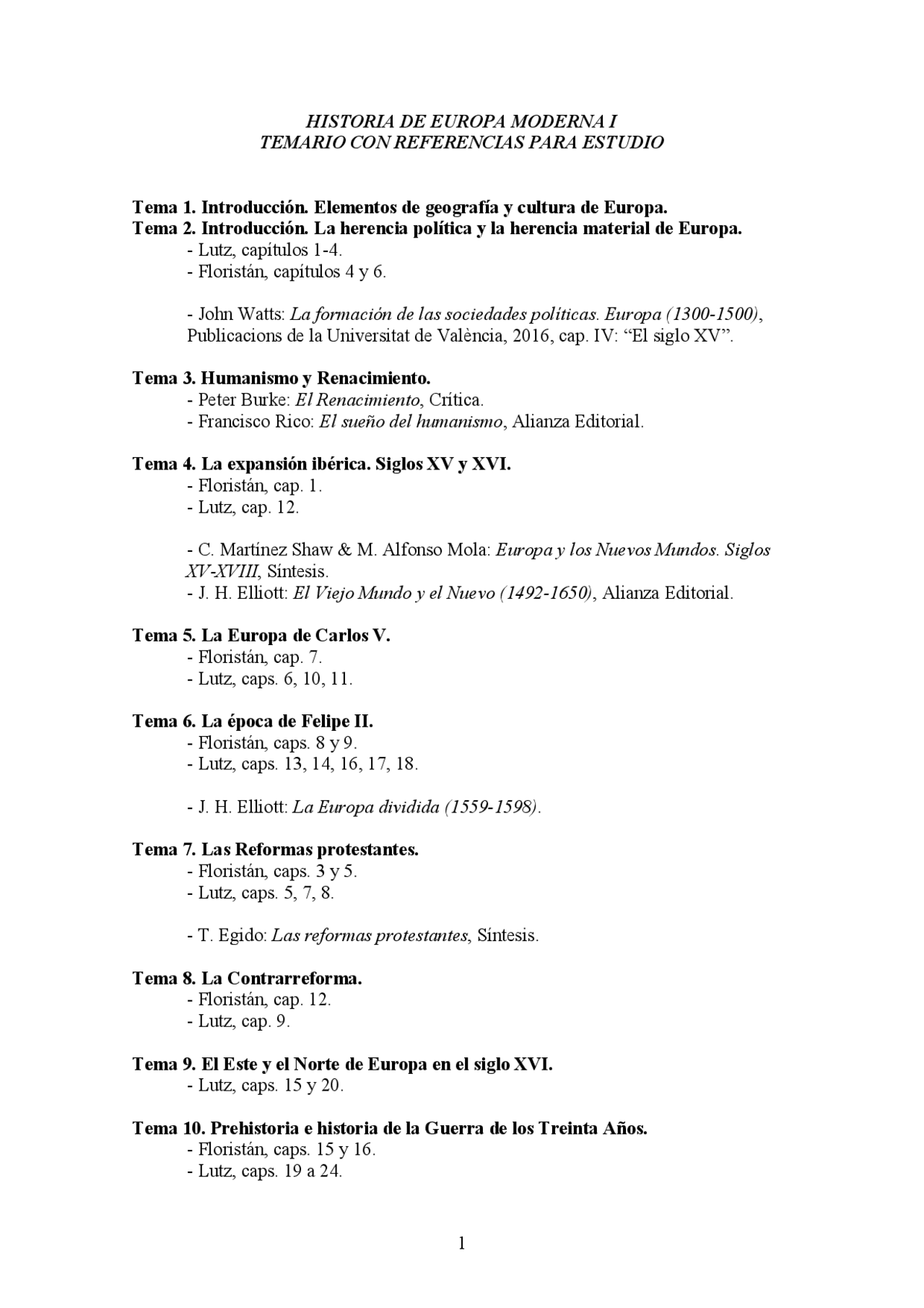 HISTORIA DE EUROPA MODERNA I TEMARIO CON REFERENCIAS PARA - Apuntes de ...