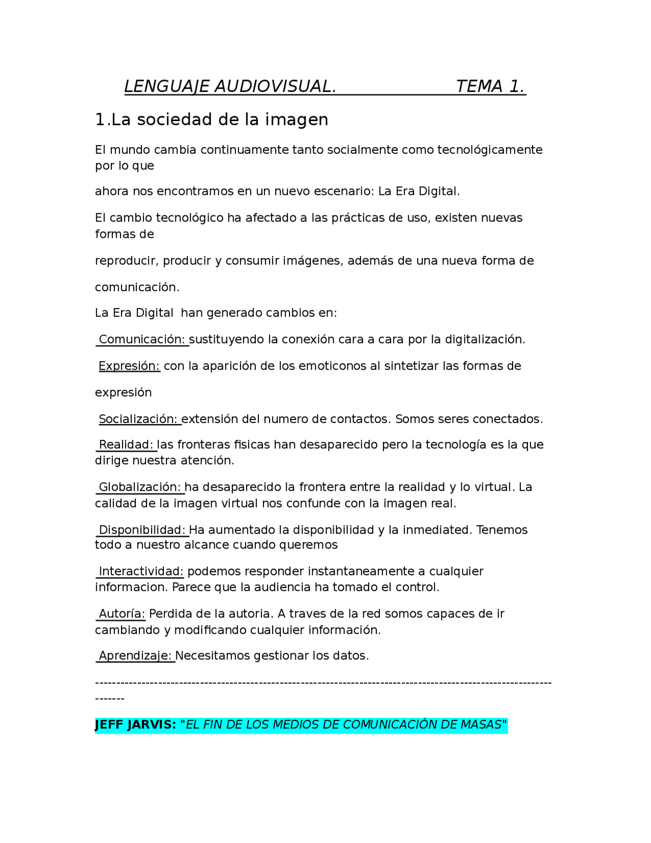 Lenguaje Audiovisual TEMA 1 - Apuntes de Comunicación Audiovisual - Docsity