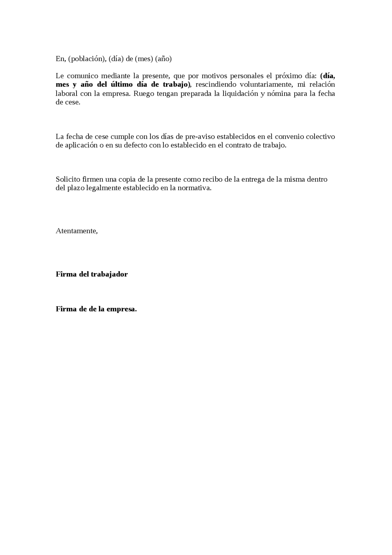 Modelo carta baja voluntaria Apuntes de Derecho Laboral Docsity