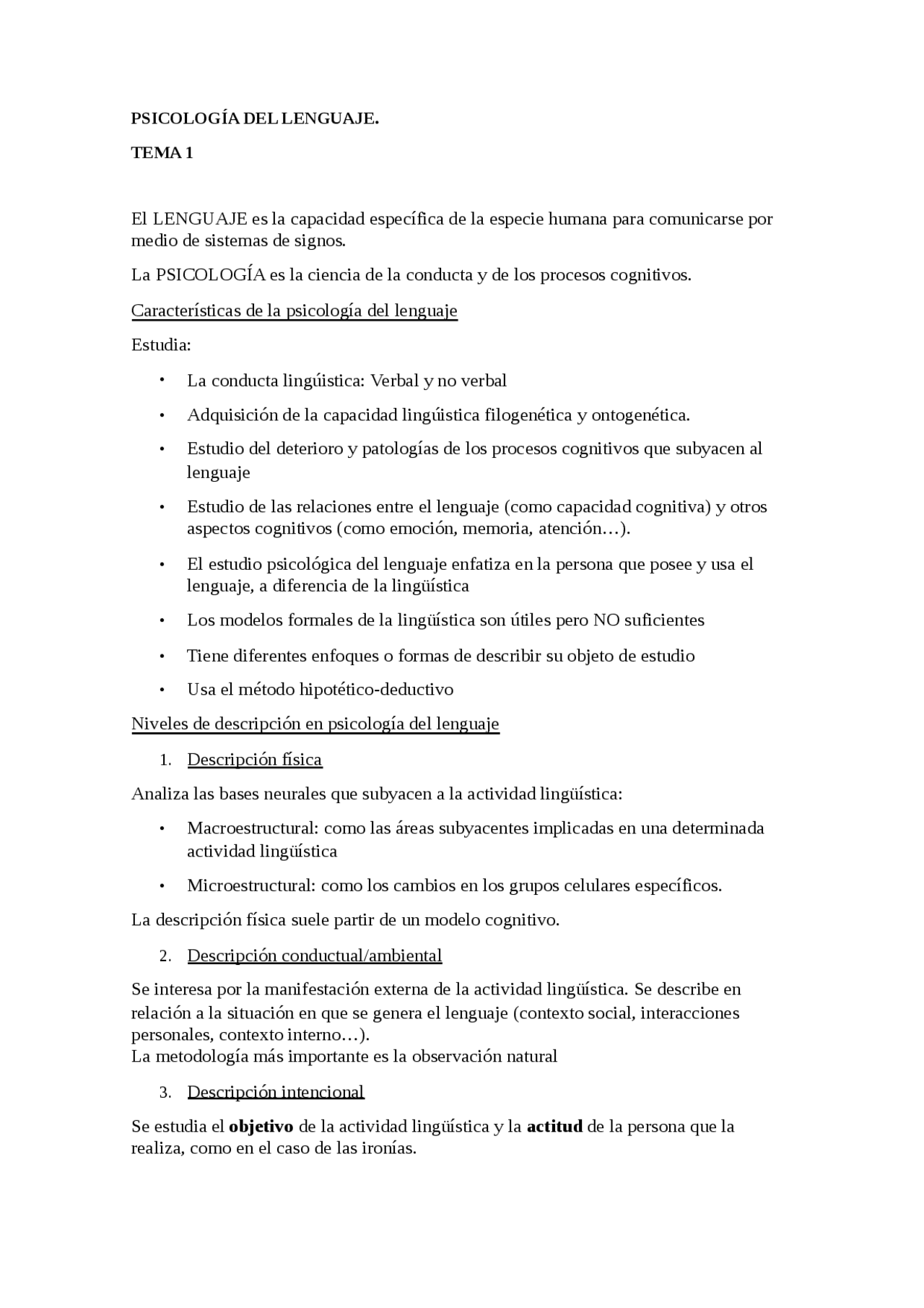 Psicología del Lenguaje. Tema 1 - Apuntes de Psicolingüística - Docsity