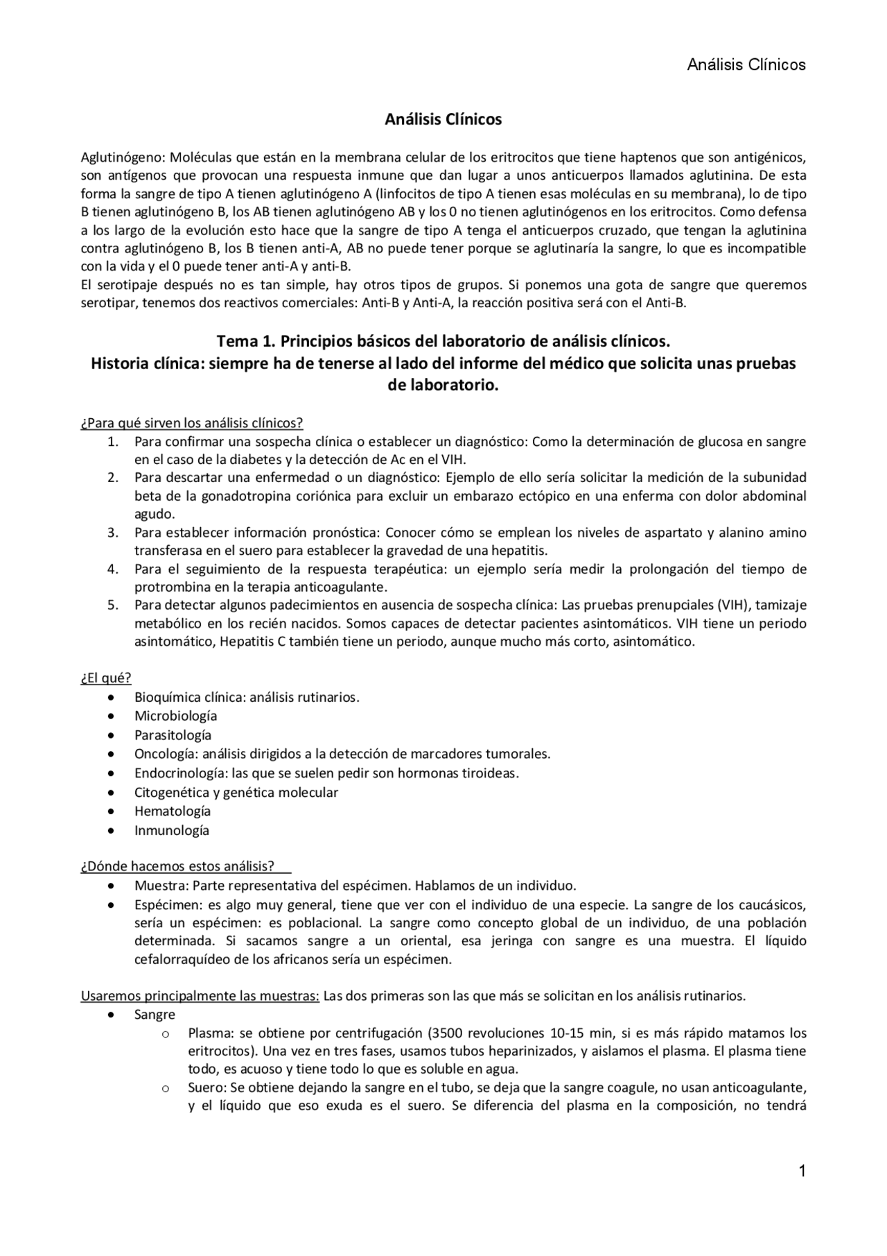 Analisis clinicos - Apuntes de Biología - Docsity