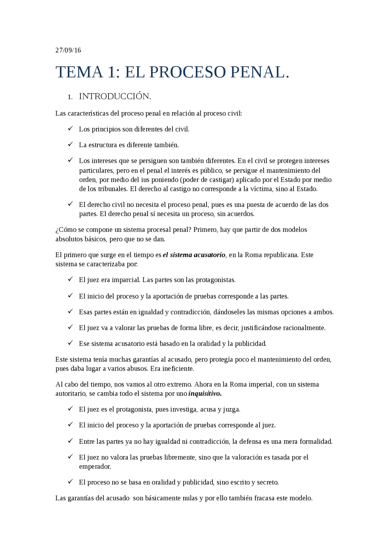 Derecho procesal penal Tema 1 - Apuntes de Derecho Procesal Penal - Docsity