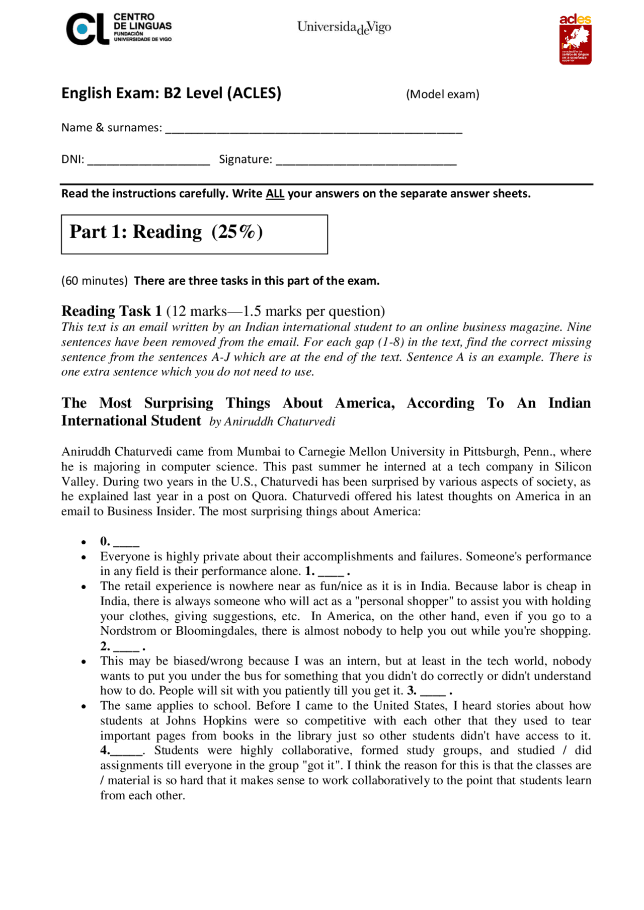 Modelo examen B2 - Exámenes de Idioma Inglés - Docsity