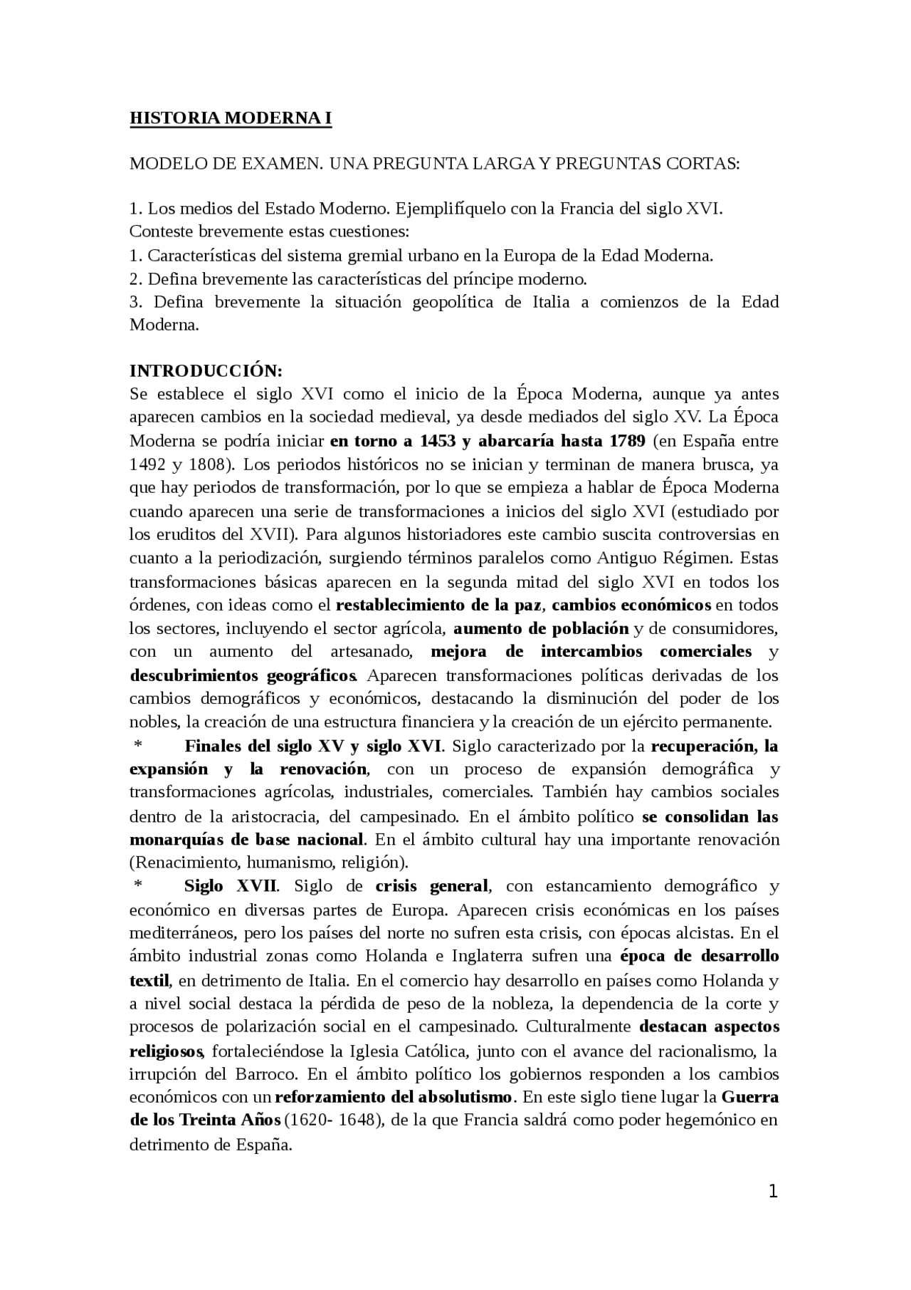Historia de Europa Moderna I - Apuntes de Historia Europea - Docsity
