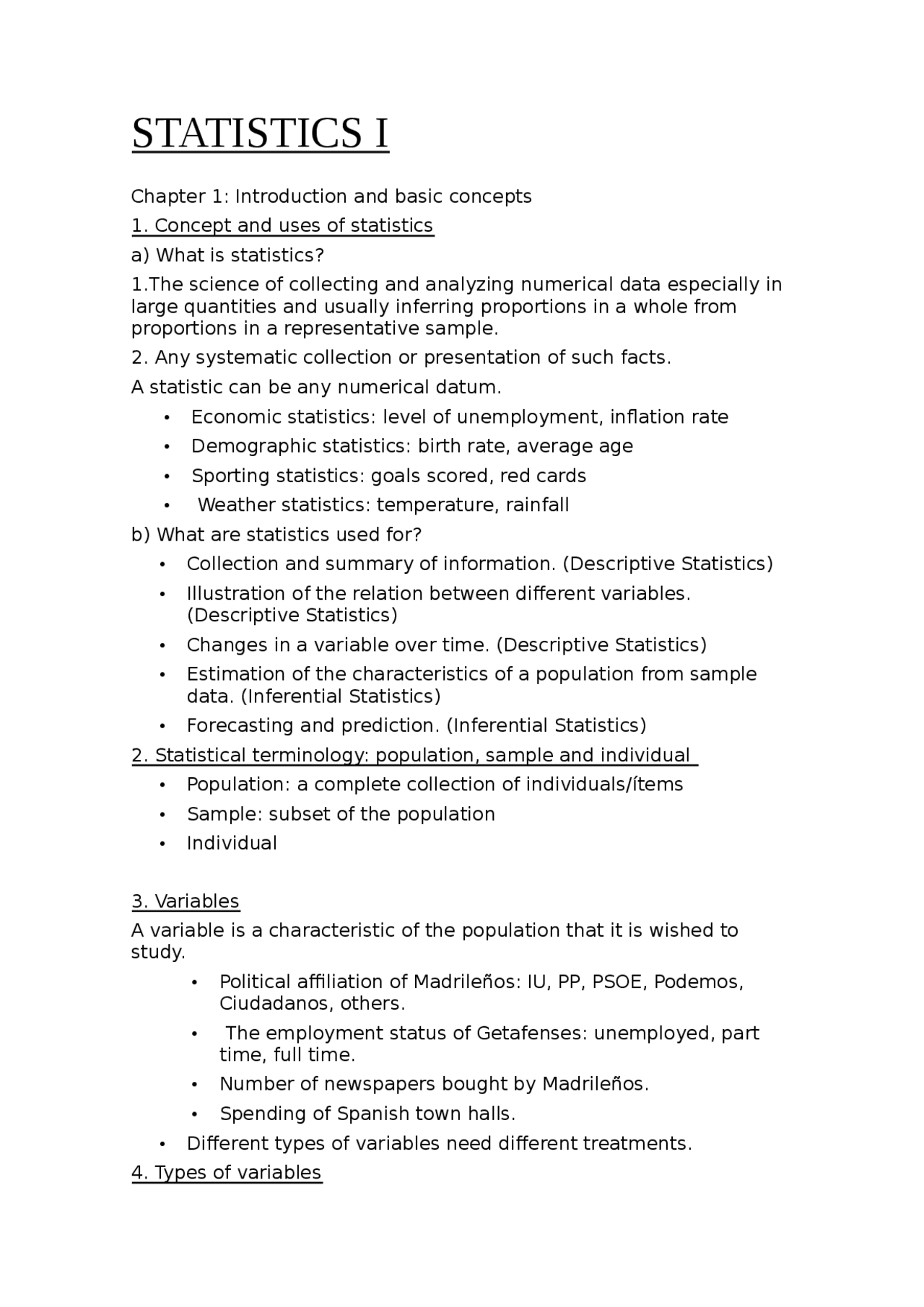 STATISTICS I Chapter 1: Introduction and basic concepts 1. Concept ...