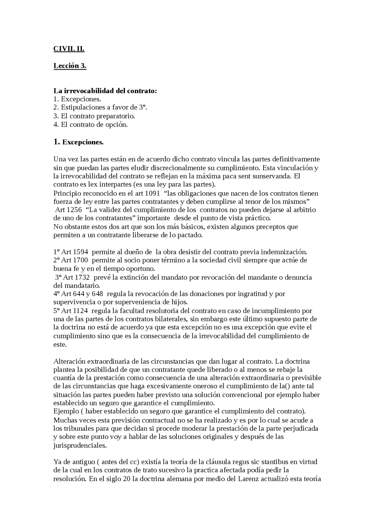 CIVIL II.Lección 3.La irrevocabilidad del contrato Excepciones Es