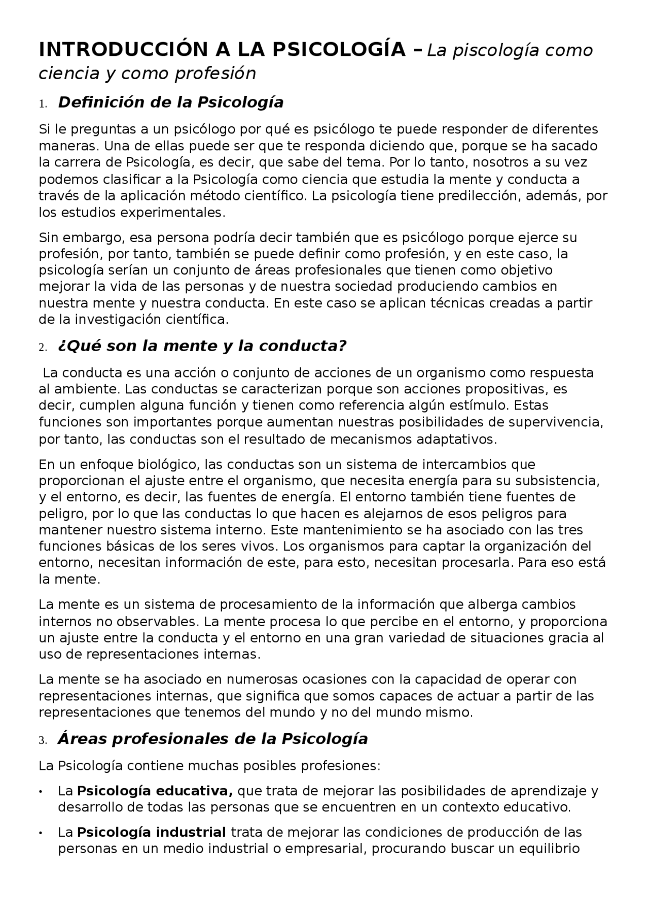 Introducción a la Psicología tema 1 - Apuntes de Psicología - Docsity