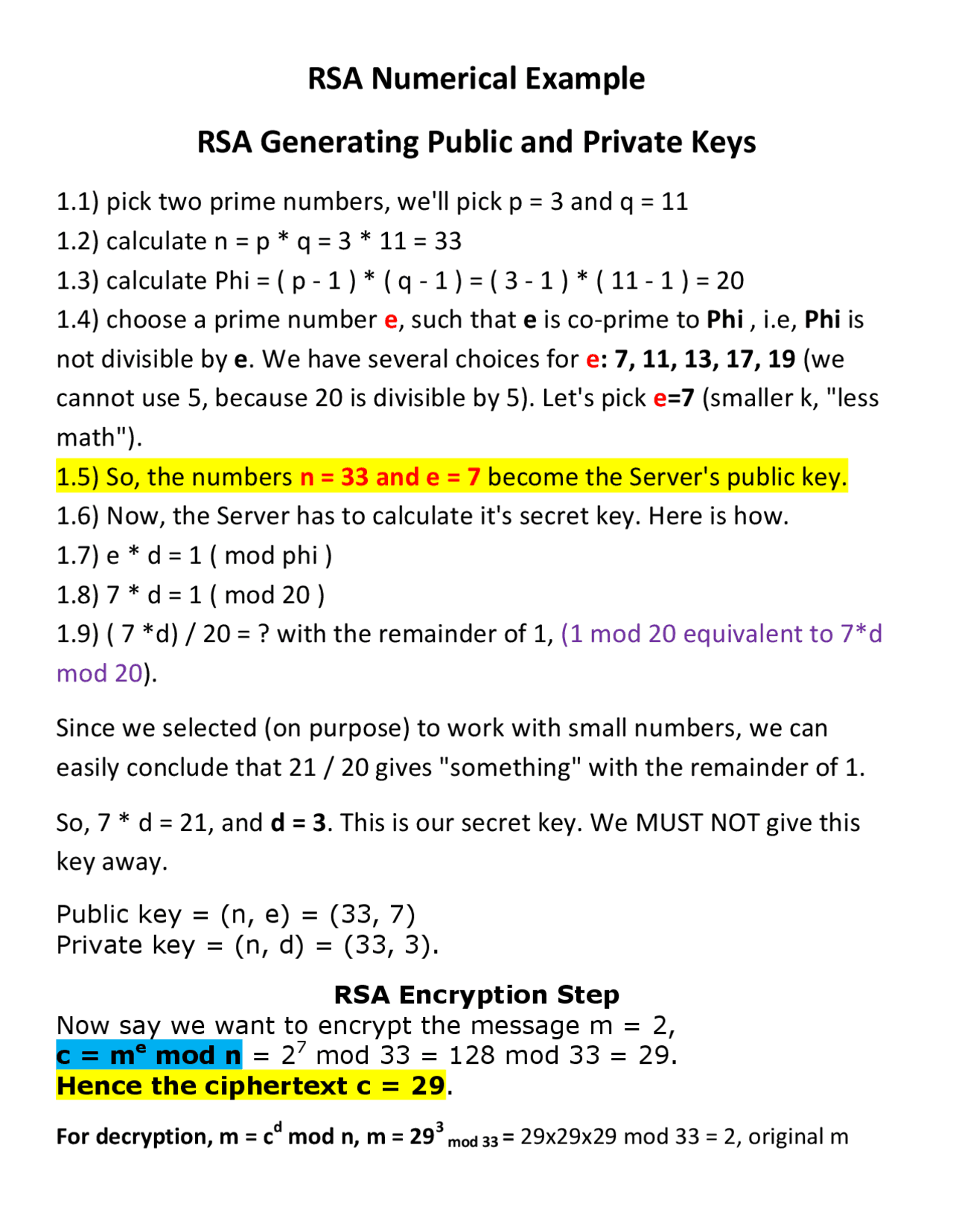 RSA Numerical Example RSA Generating Public and Private Keys - Apuntes ...