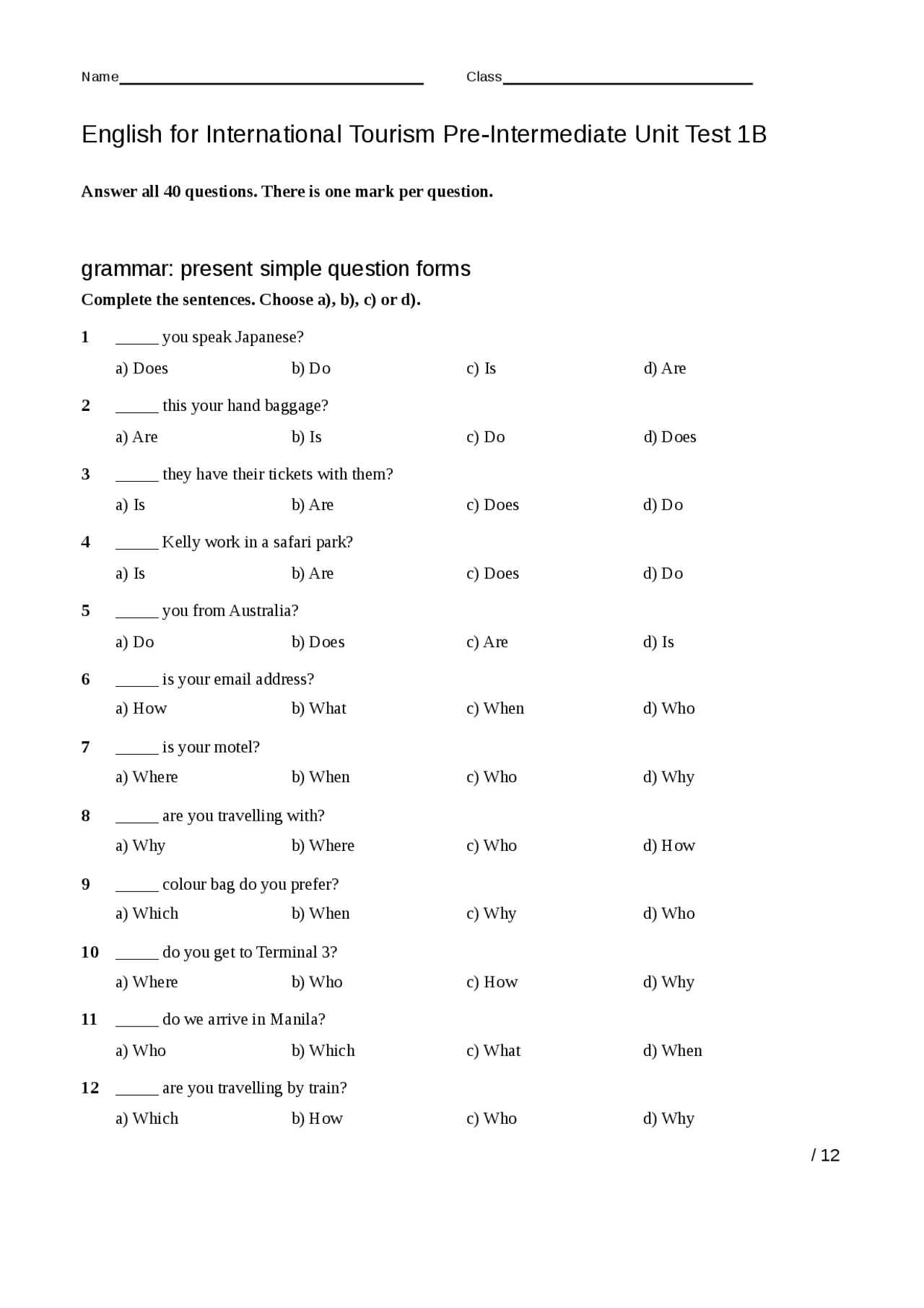 English for International Tourism Pre-Intermediate Unit Test 1B Ans