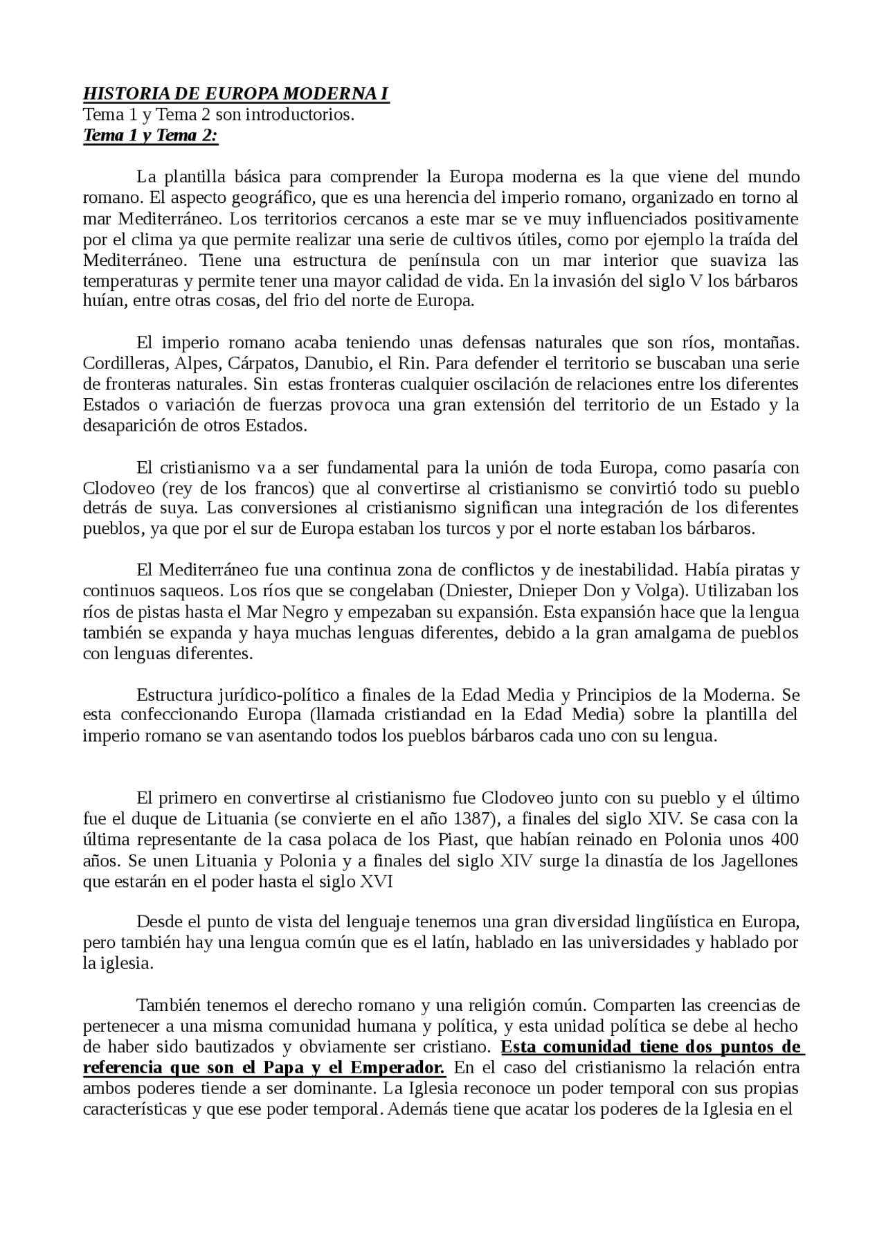 HISTORIA DE EUROPA MODERNA I Tema 1 y Tema 2 son introductorios Tema 1 ...