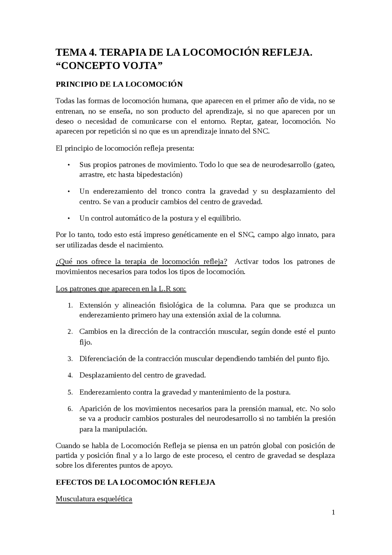 TEMA 4. TERAPIA DE LA REFLEJA. “CONCEPTO VOJTA Apuntes de Fisioterapia Docsity