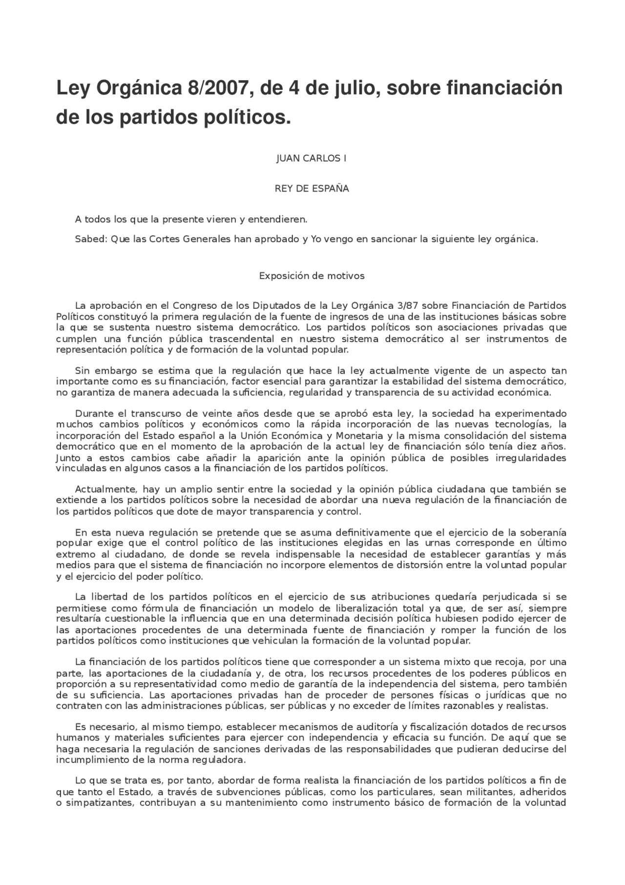 Ley Orgánica 8/2007, de 4 de julio, sobre financiación partidos políticos. Apuntes de Derecho Ley Orgánica 8/2007, de 4 de julio, sobre financiación partidos políticos. Apuntes de Derecho
