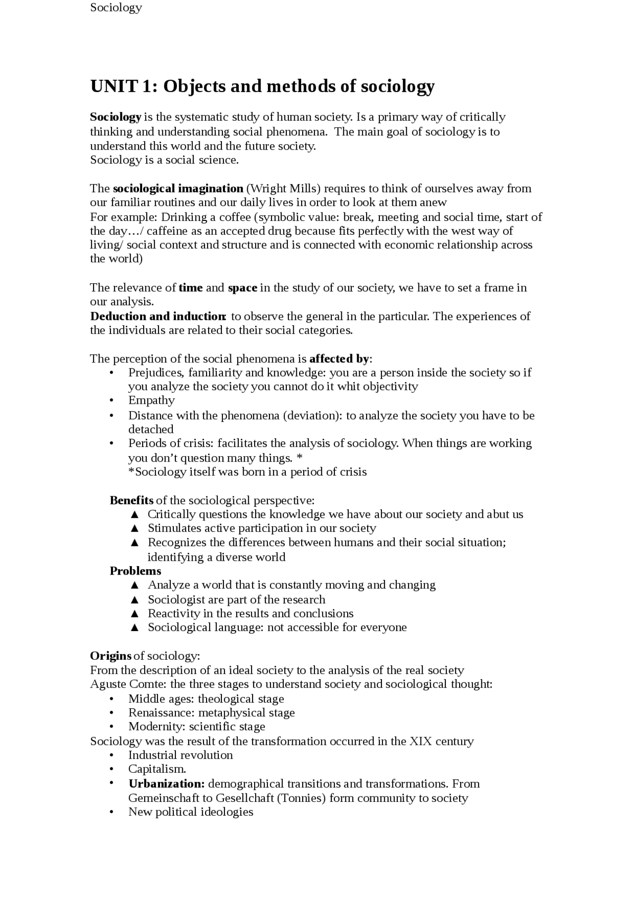 UNIT 1 - Sociology - Apuntes de Sociología - Docsity