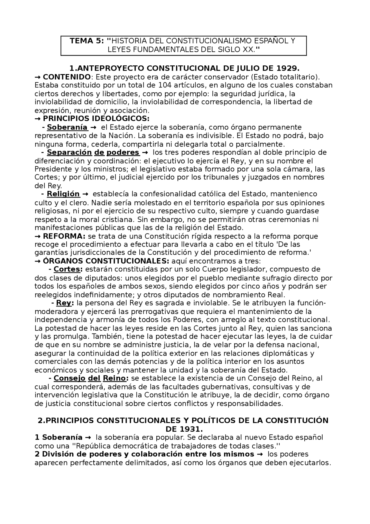 Anteproyecto constitucional de julio de 1929 Apuntes de Historia del