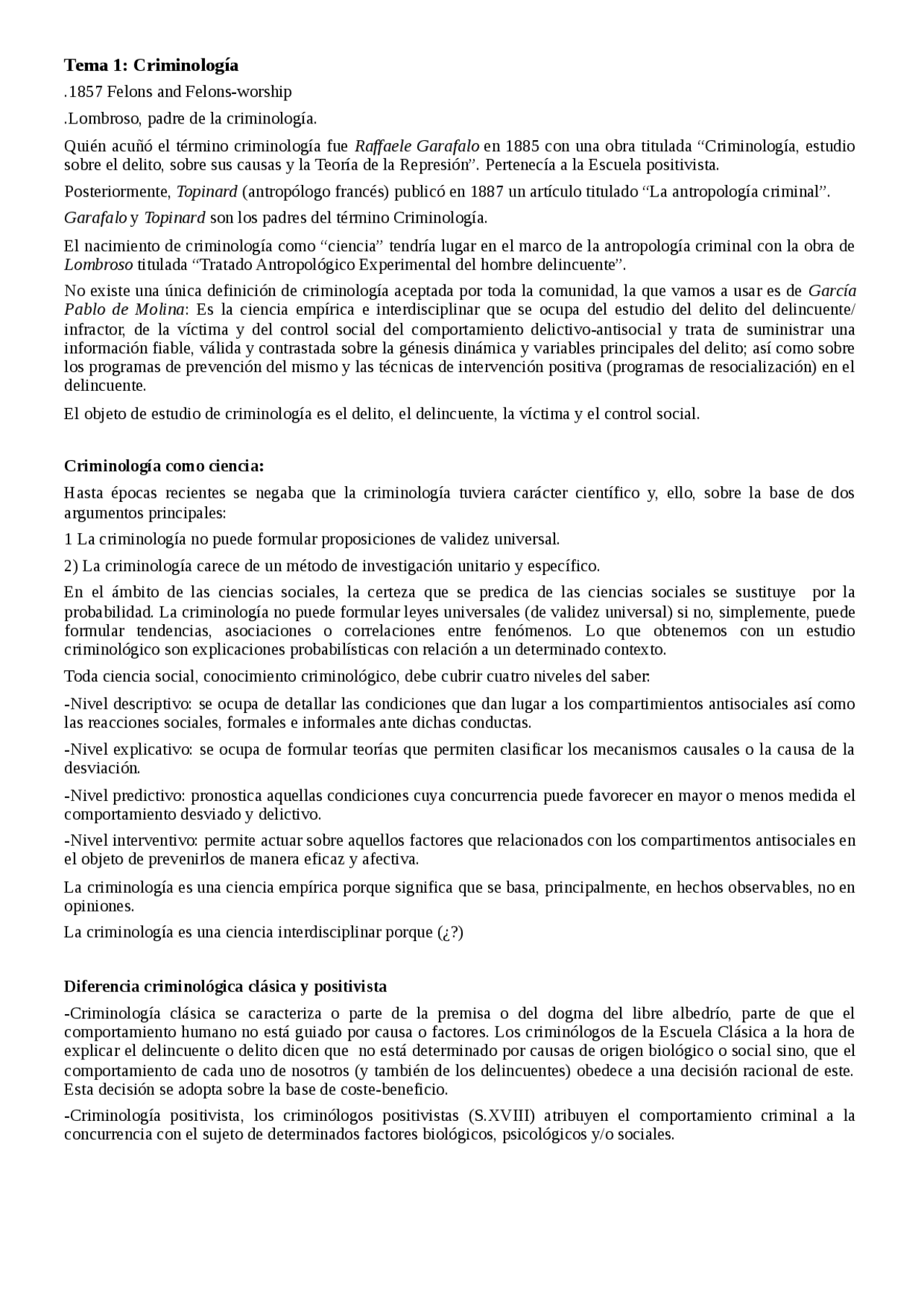 Criminología Tema 1 - Apuntes de Criminología - Docsity