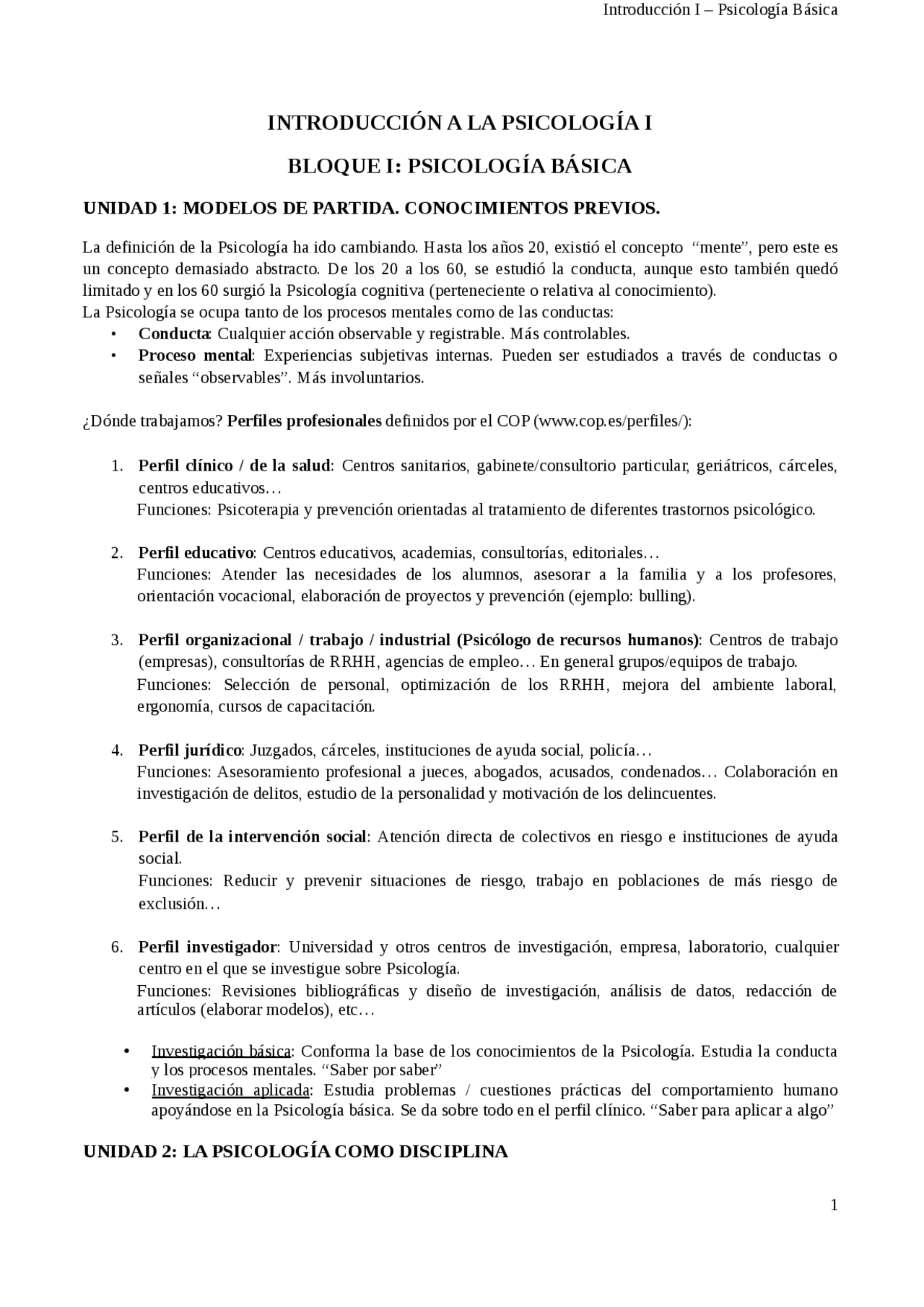 Introducción a la Psicología I (Bloque 1) - Apuntes de Psicología | Docsity