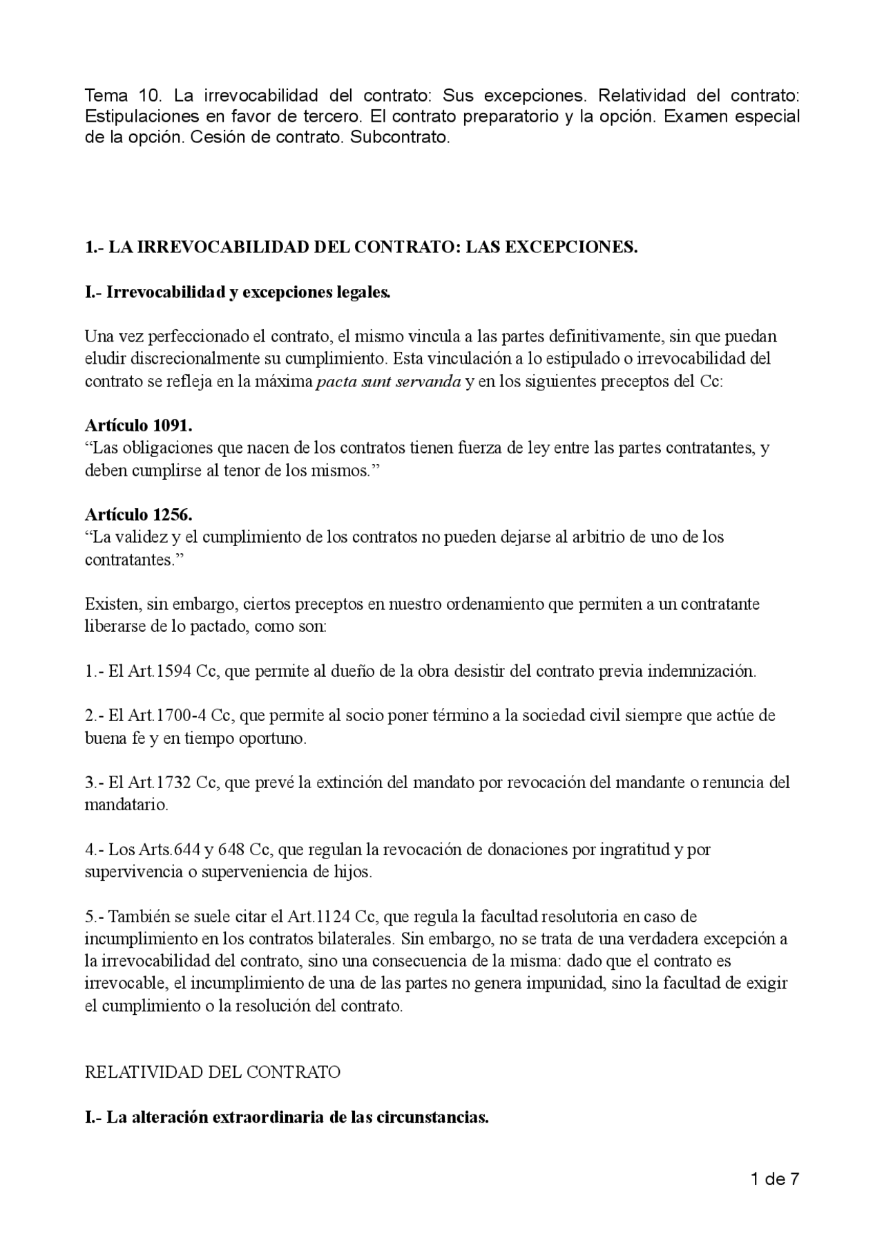 Tema 10. La irrevocabilidad del contrato: Sus excepciones - Apuntes de