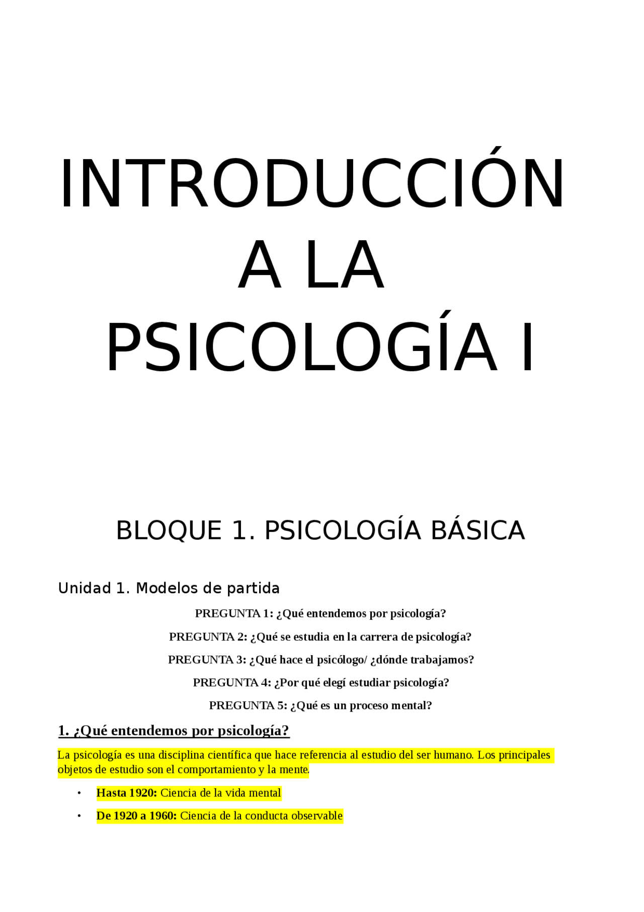 Introduccion a la psicologia i - Apuntes de Psicología - Docsity