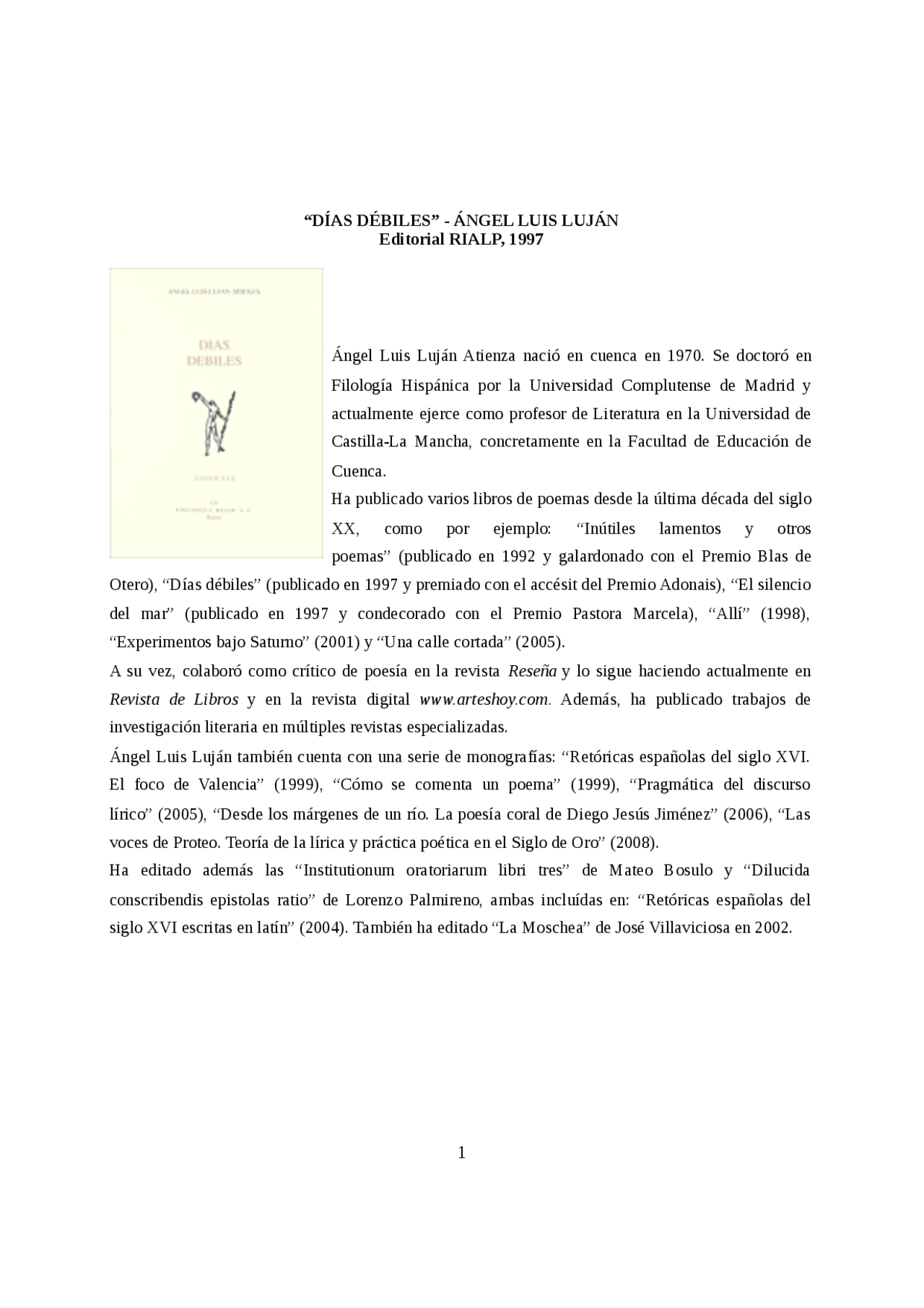 Reseña Ángel Luis Luján - Apuntes de Literatura - Docsity