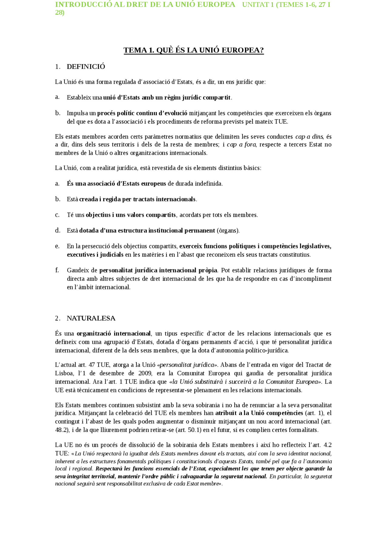 Resum Unitat 1 INTRODUCCIÓ AL DRET DE LA UE - Ejercicios de Derecho de ...
