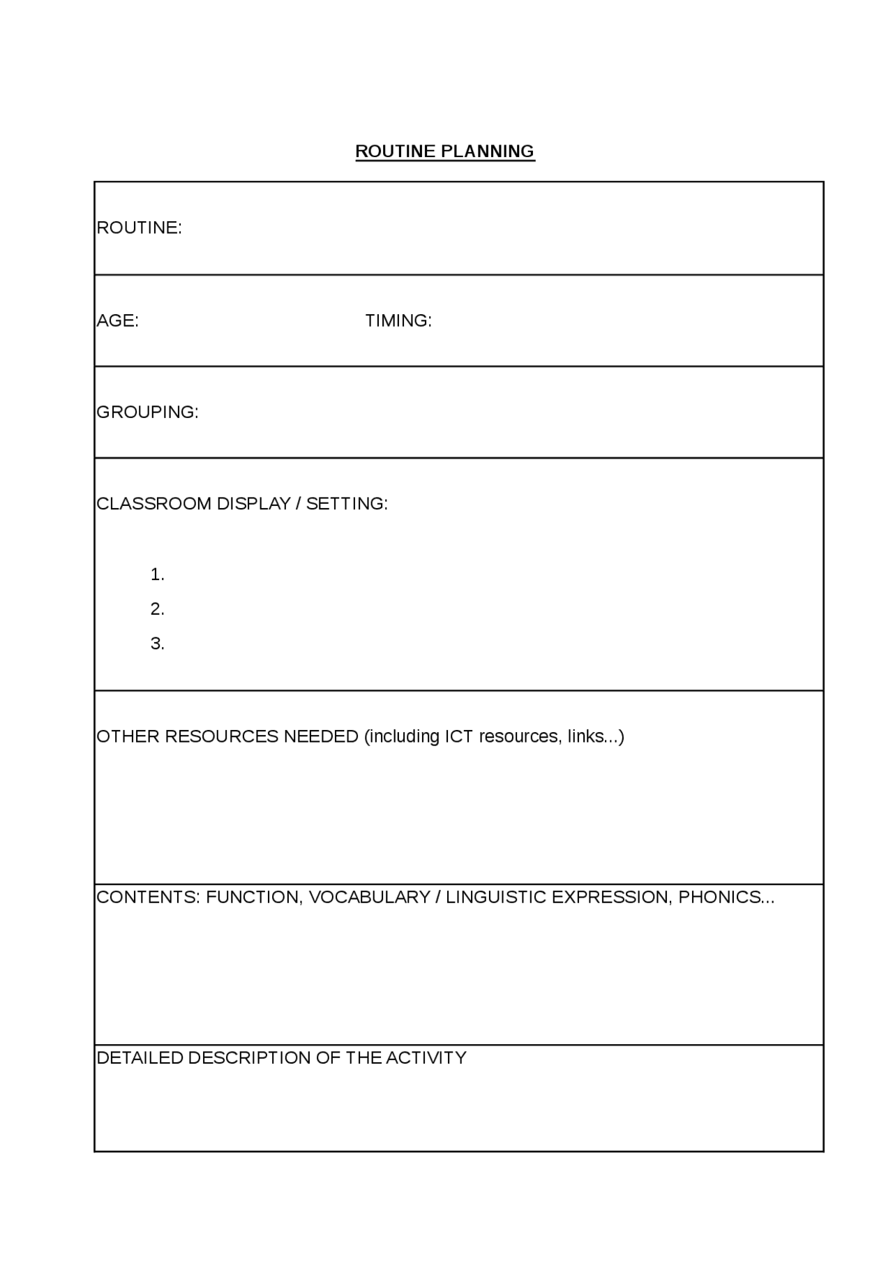 ROUTINE PLANNING ROUTINE: AGE TIMING: GROUPING:CLASSROOM DISPLAY ...