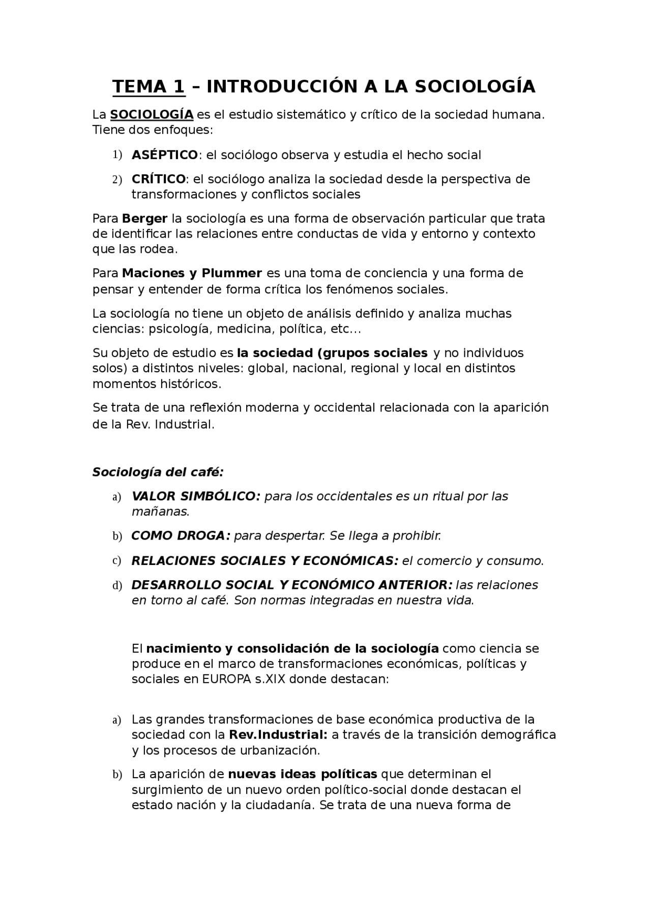 TEMA 1 – INTRODUCCIÓN A LA SOCIOLOGÍA - Ejercicios de Historia - Docsity