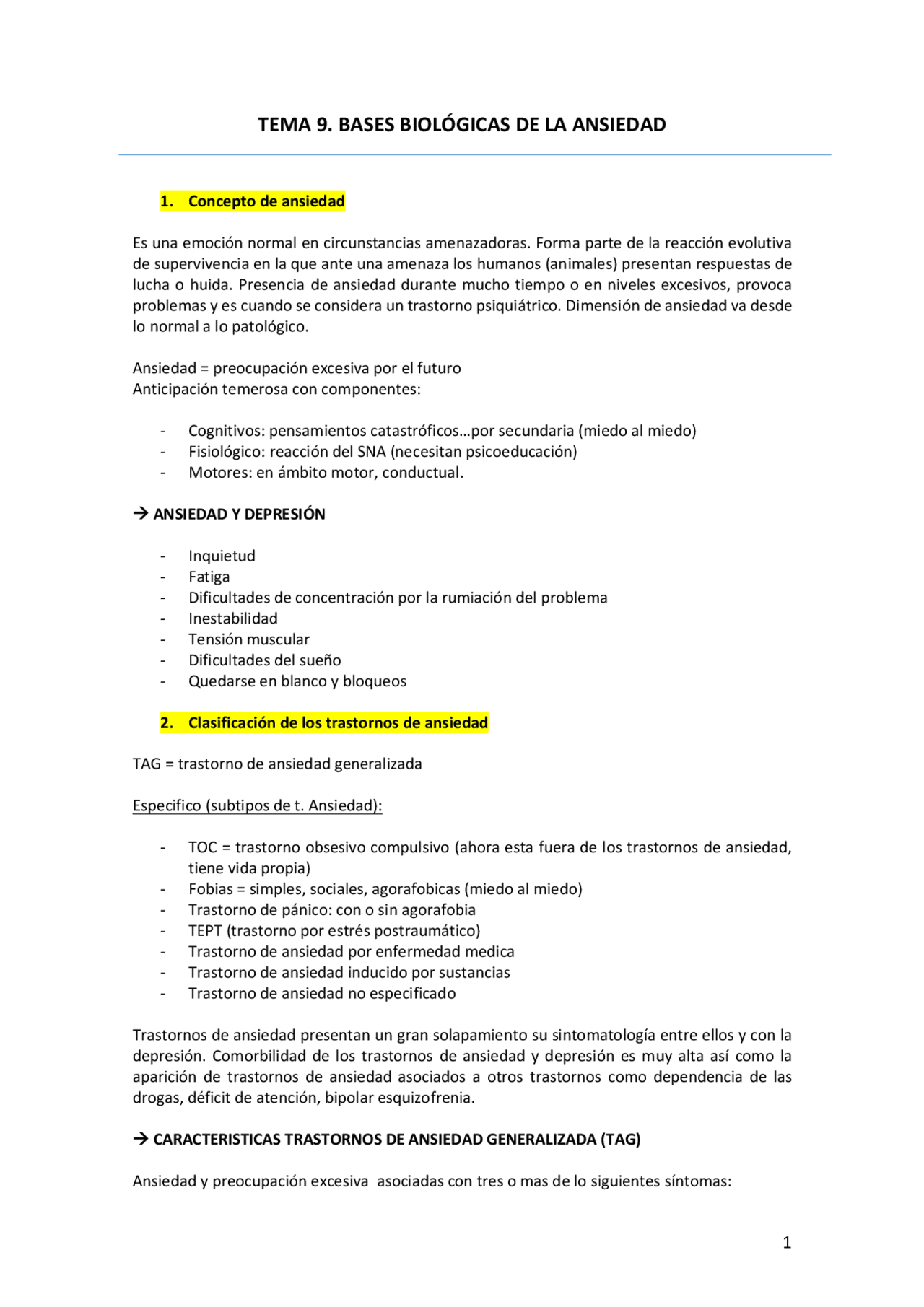 TEMA 9. BASES BIOLÓGICAS DE LA ANSIEDAD Concepto de ansiedad Es una ...
