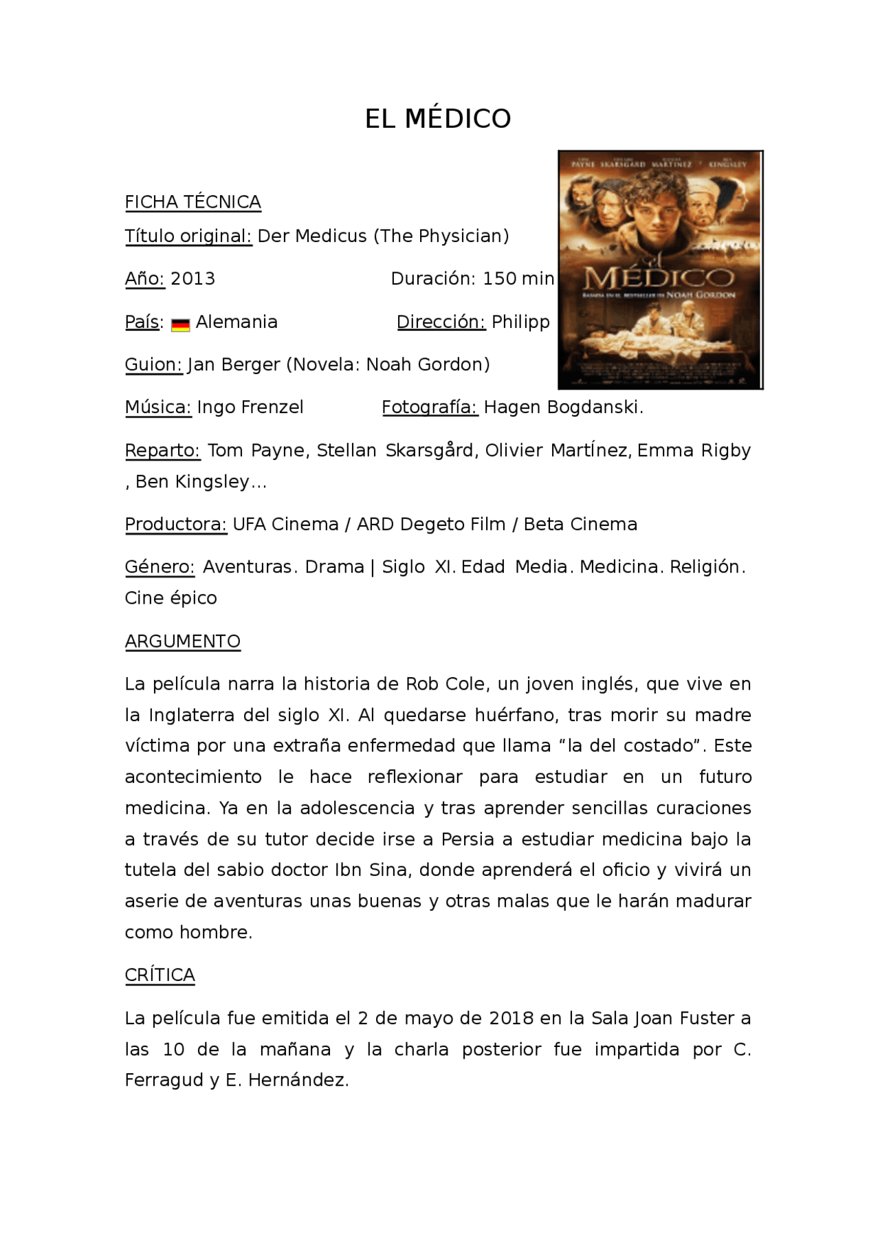 Pelicula El Medico Ejercicios De Historia Docsity