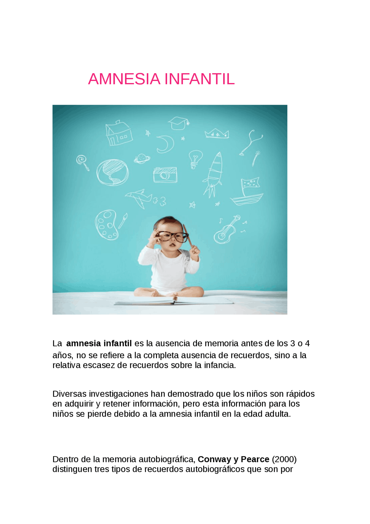 Amnesia Infatil Amnesia infantil - Ejercicios de Psicología del Desarrollo - Docsity
