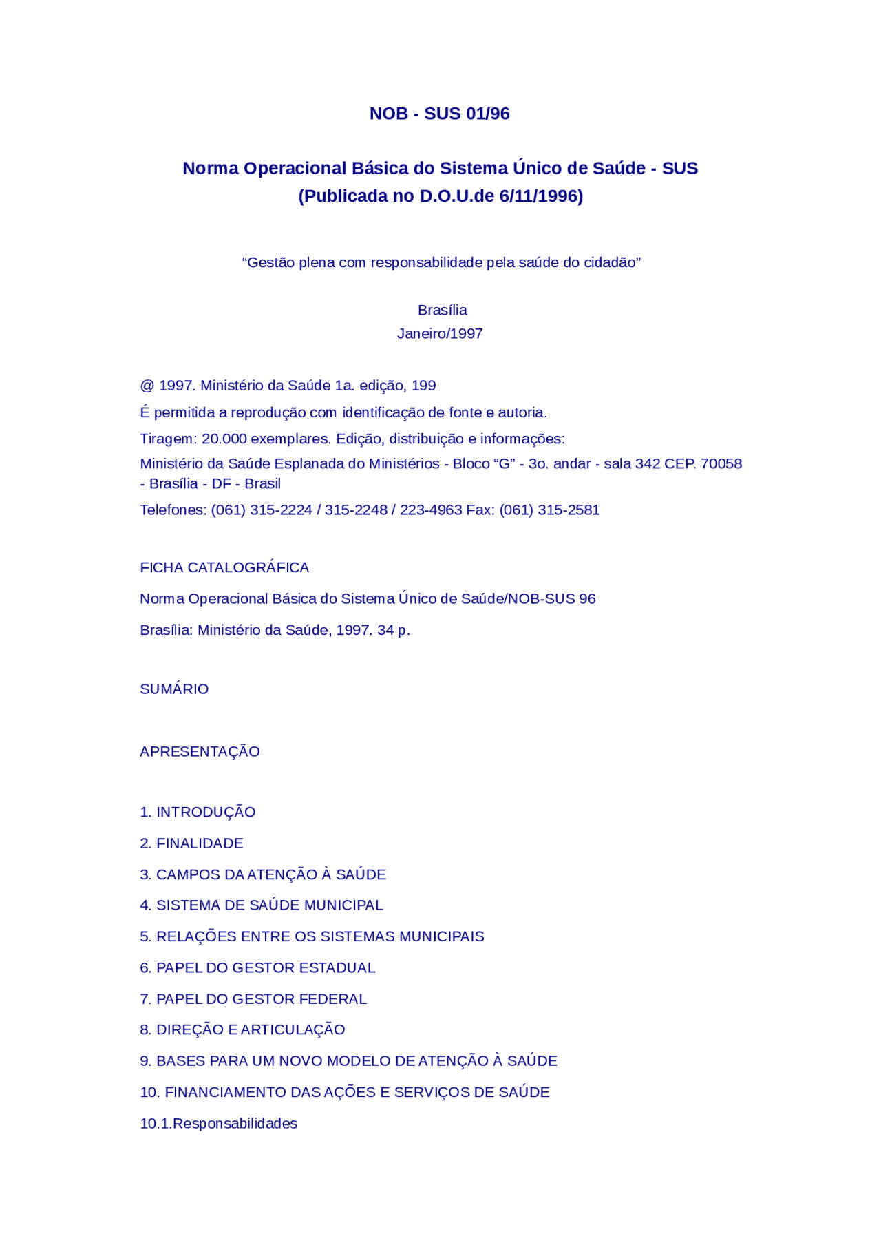 NOB - SUS 01/96 Norma Operacional Básica do Sistema Único de Saúde ...