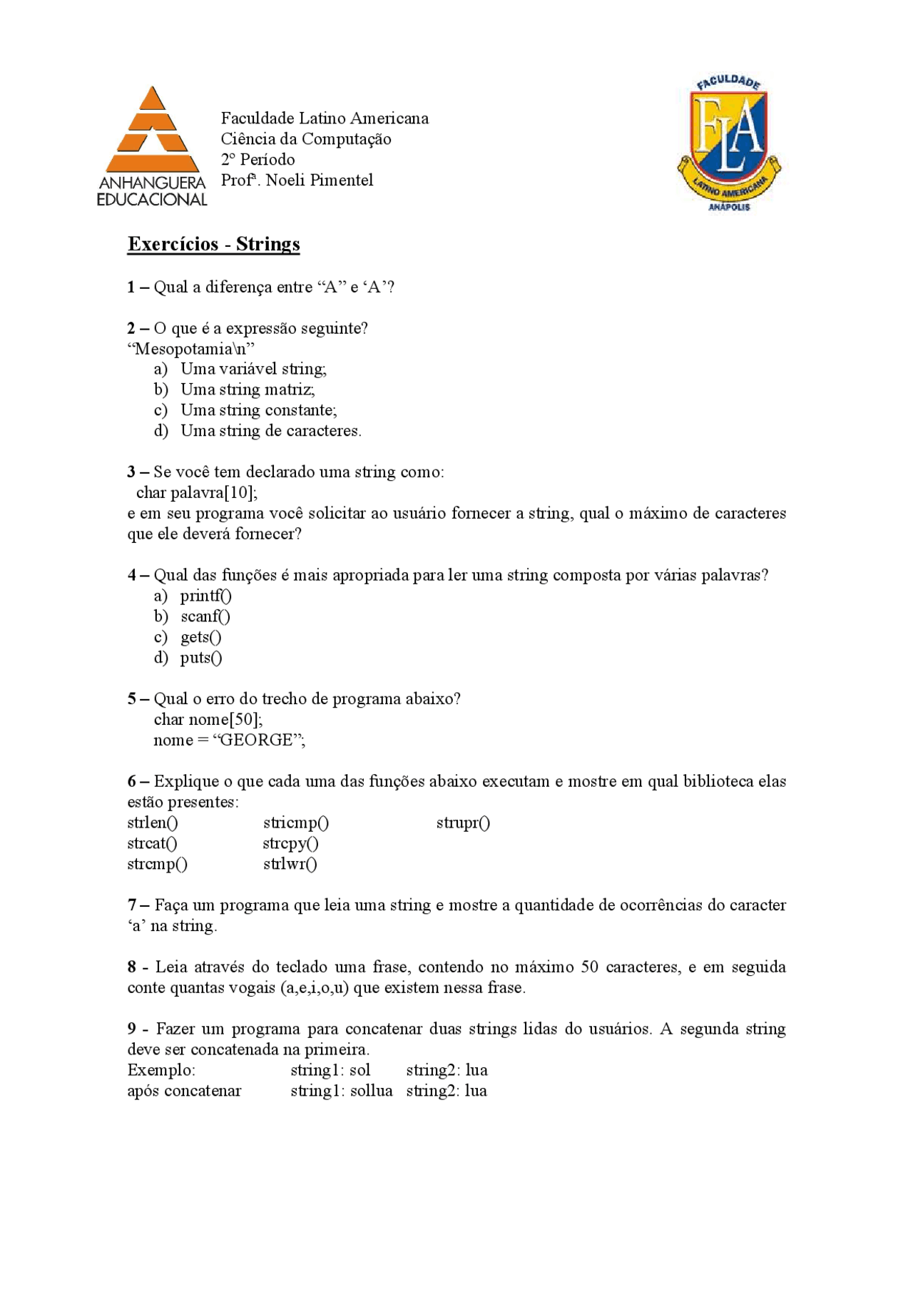 Exercícios de String - - - - - - - - - Docsity