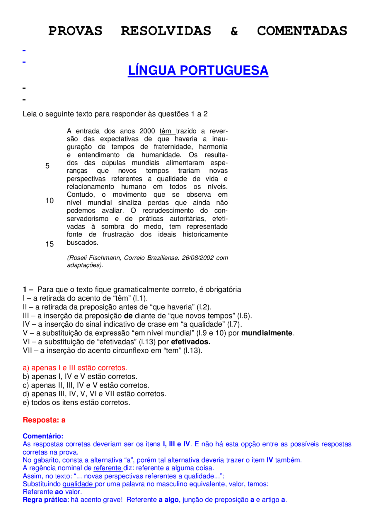 Provas corrigidas - provas comentadas de lingua portuguesa - Docsity