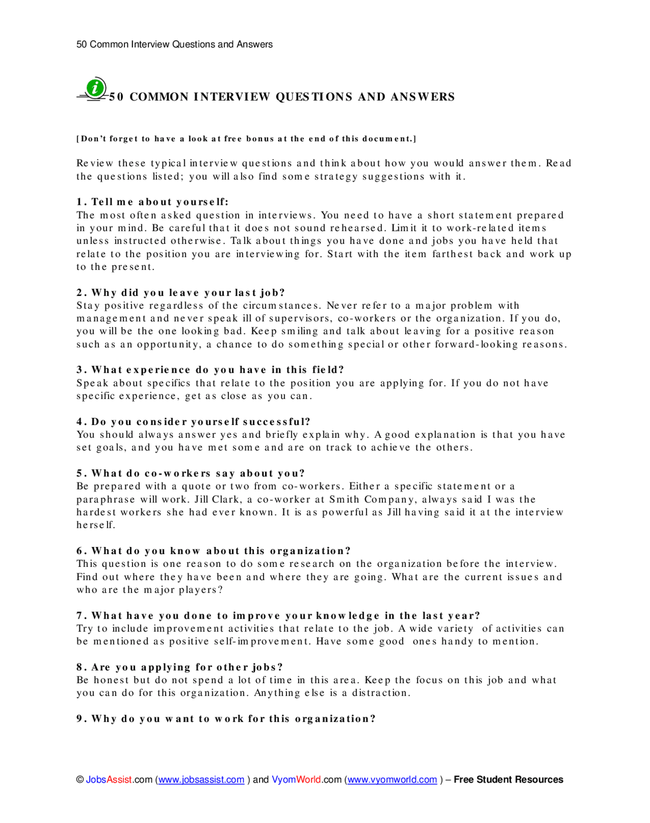 50 Common Interview Questions - 50 Common Interview Questions - Docsity