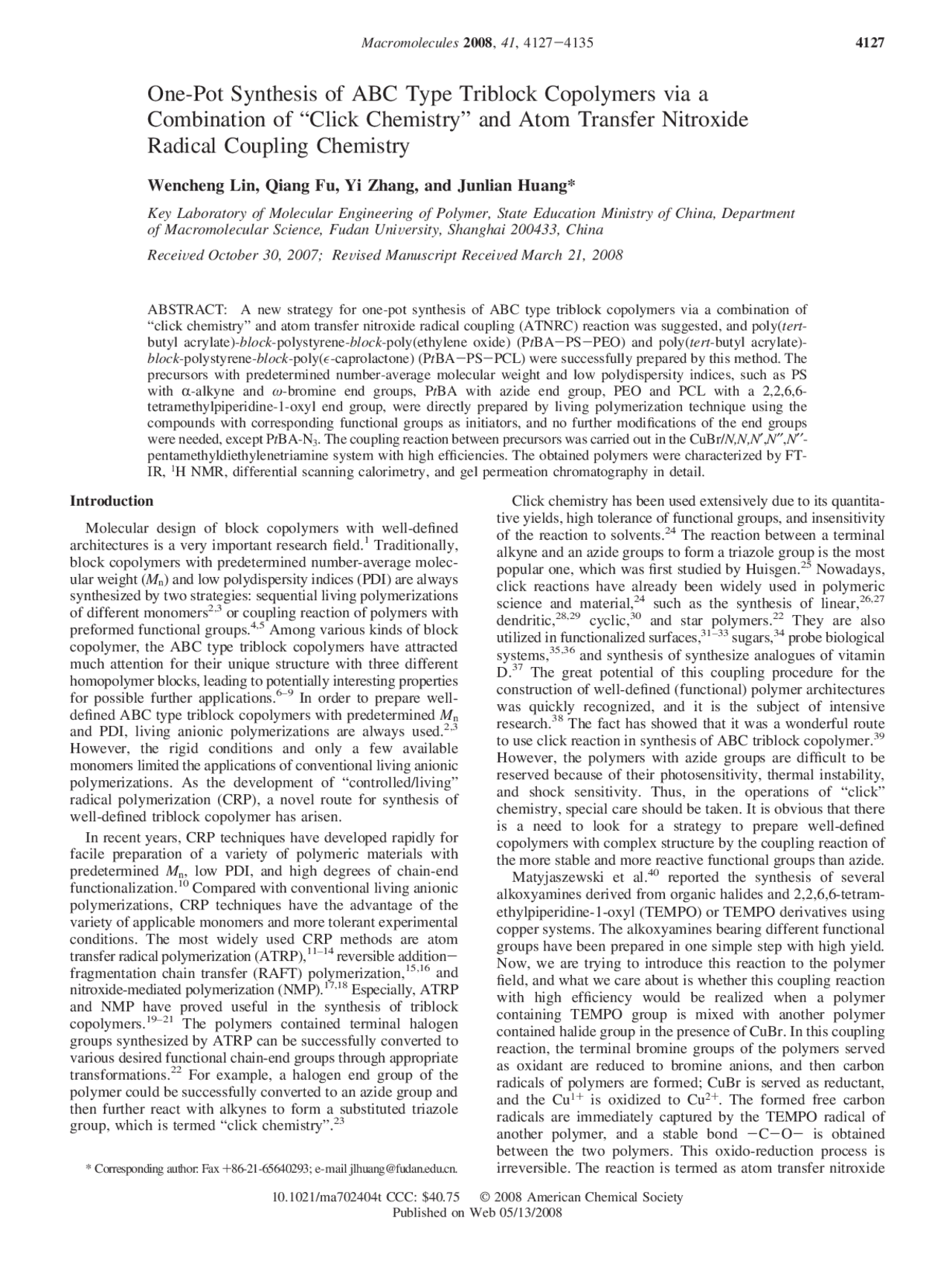 One-Pot Synthesis of ABC Type Triblock Copolymers - One-Pot Synthesis ...