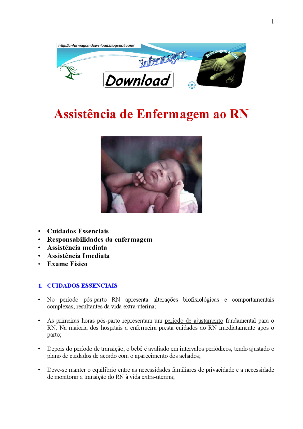 Assistência de Enfermagem ao RN - Recém - Nascido - Docsity