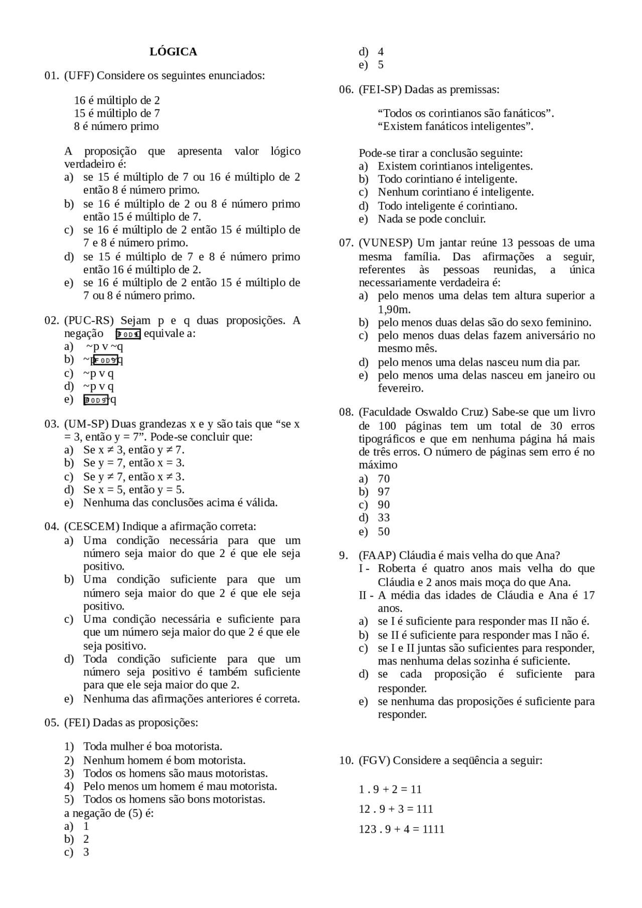 Exercício de Lógica - Exercício de lógica gabaritado - Docsity