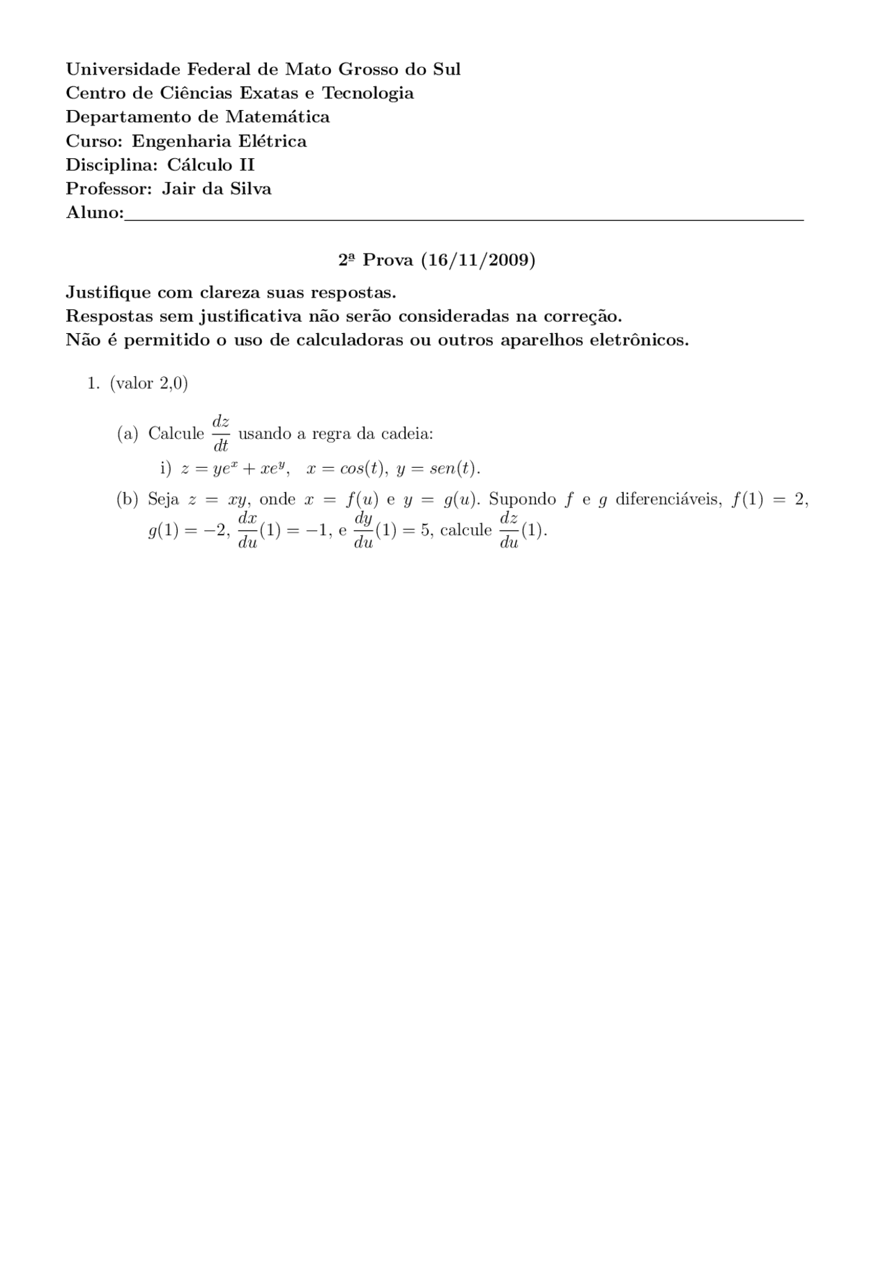 Exercicios de C2 - um modelo de prova, de calculo 2 - Docsity
