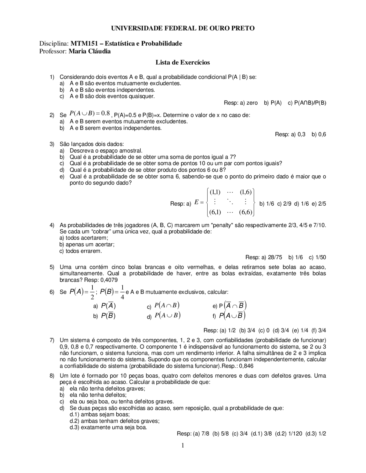 Lista De Exercícios De Probabilidade Com Gabarito Pdf - RETOEDU
