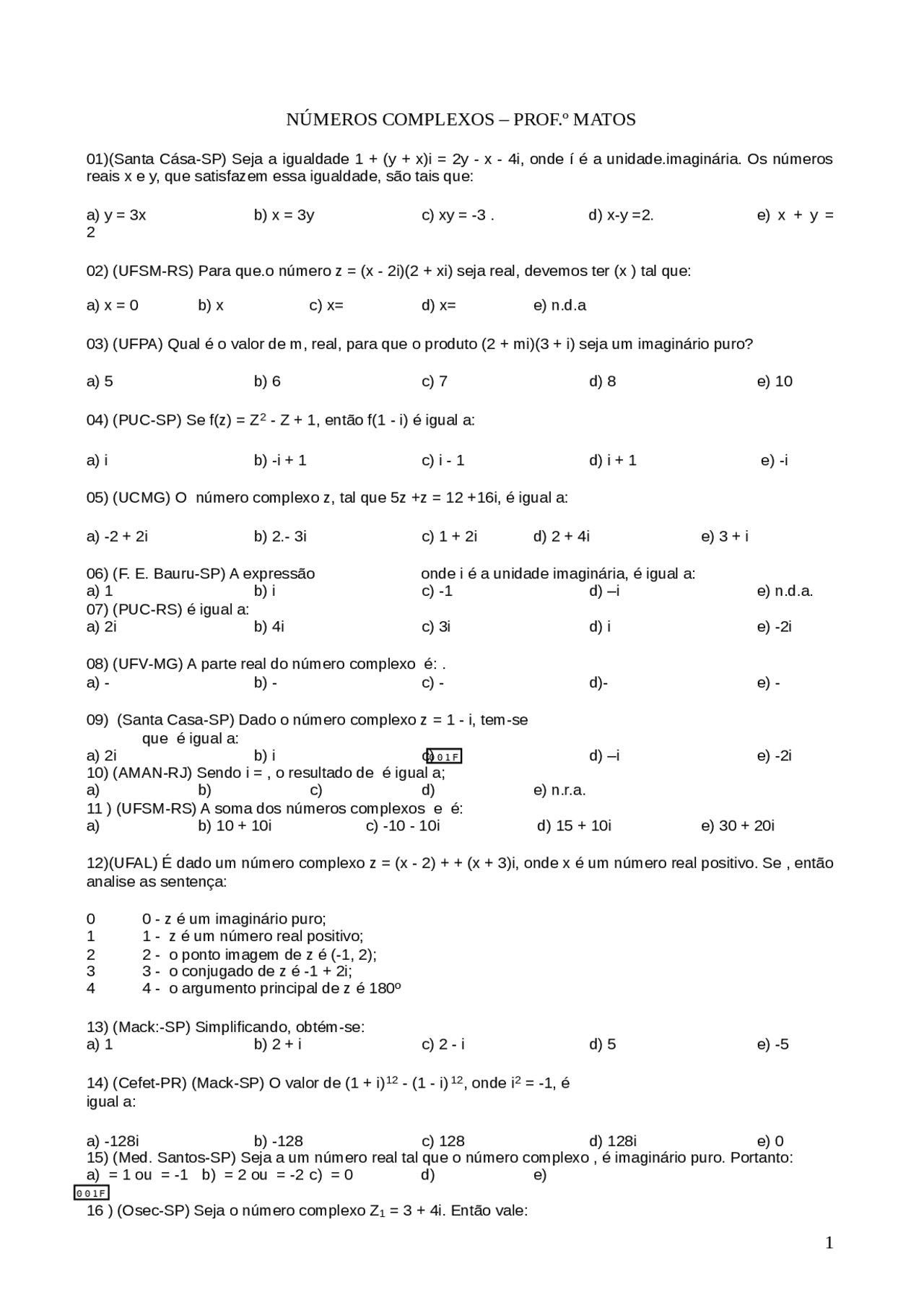 Exercicio De Numeros Complexos Exercicio Exercicio Docsity