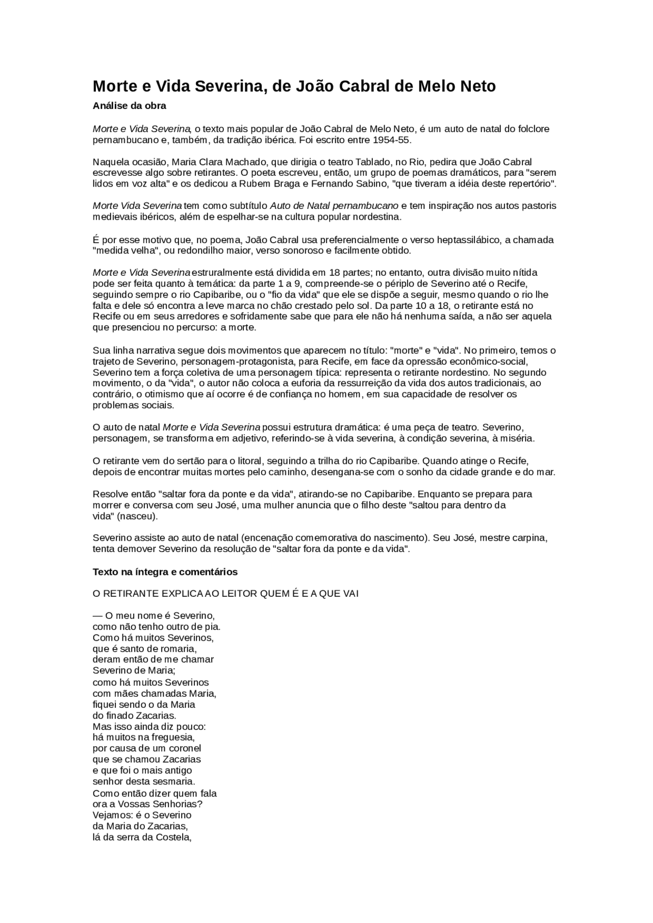 Morte e vida severina analise da obra de joao cabral de melo neto morte e vida Docsity Morte e vida severina analise da obra de joao cabral de melo neto morte e vida Docsity