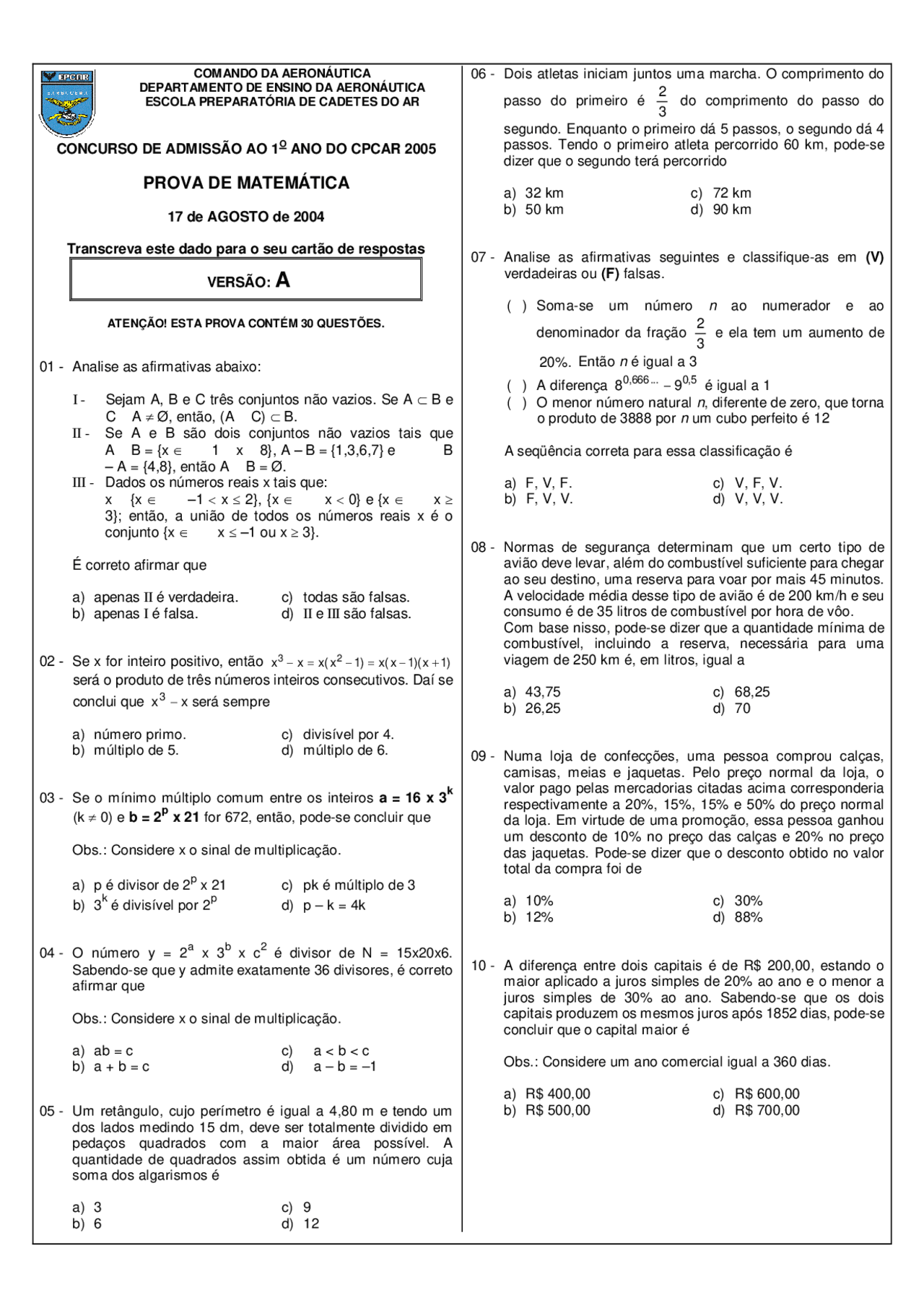 Prova EPCAr - Prova de 2005 da EPCAr. - Docsity