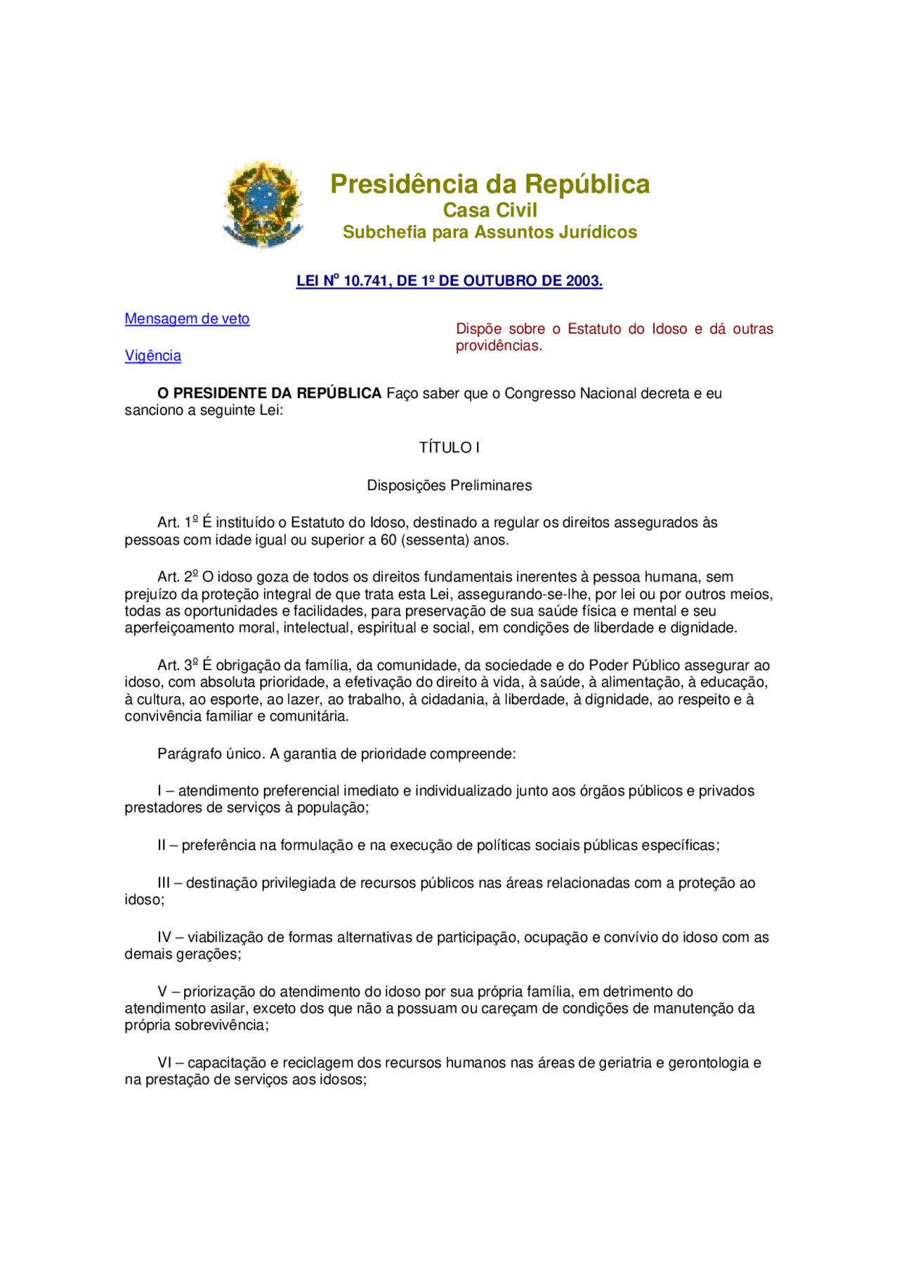 Lei nº 10.741, de 1º de outubro de 2003 - muito bom para estudos ...
