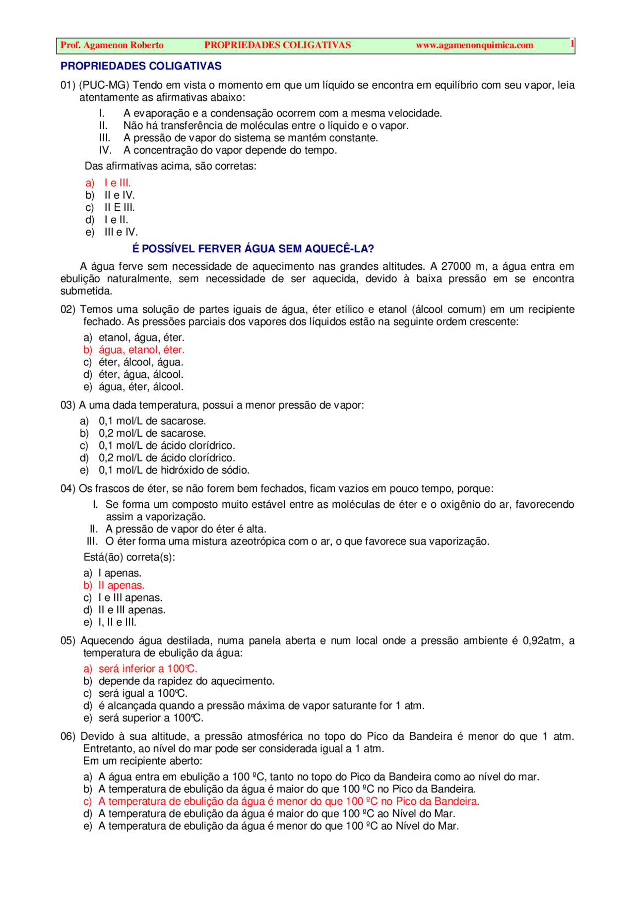 Exe propriedades coligativas - Exercícios Propriedades coligativas ...