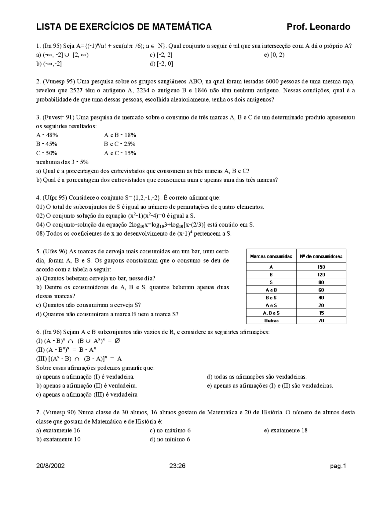 Lista1 De Exercicios De Matematica Do Professor Leonardo Lista1 De Exercicios De Docsity
