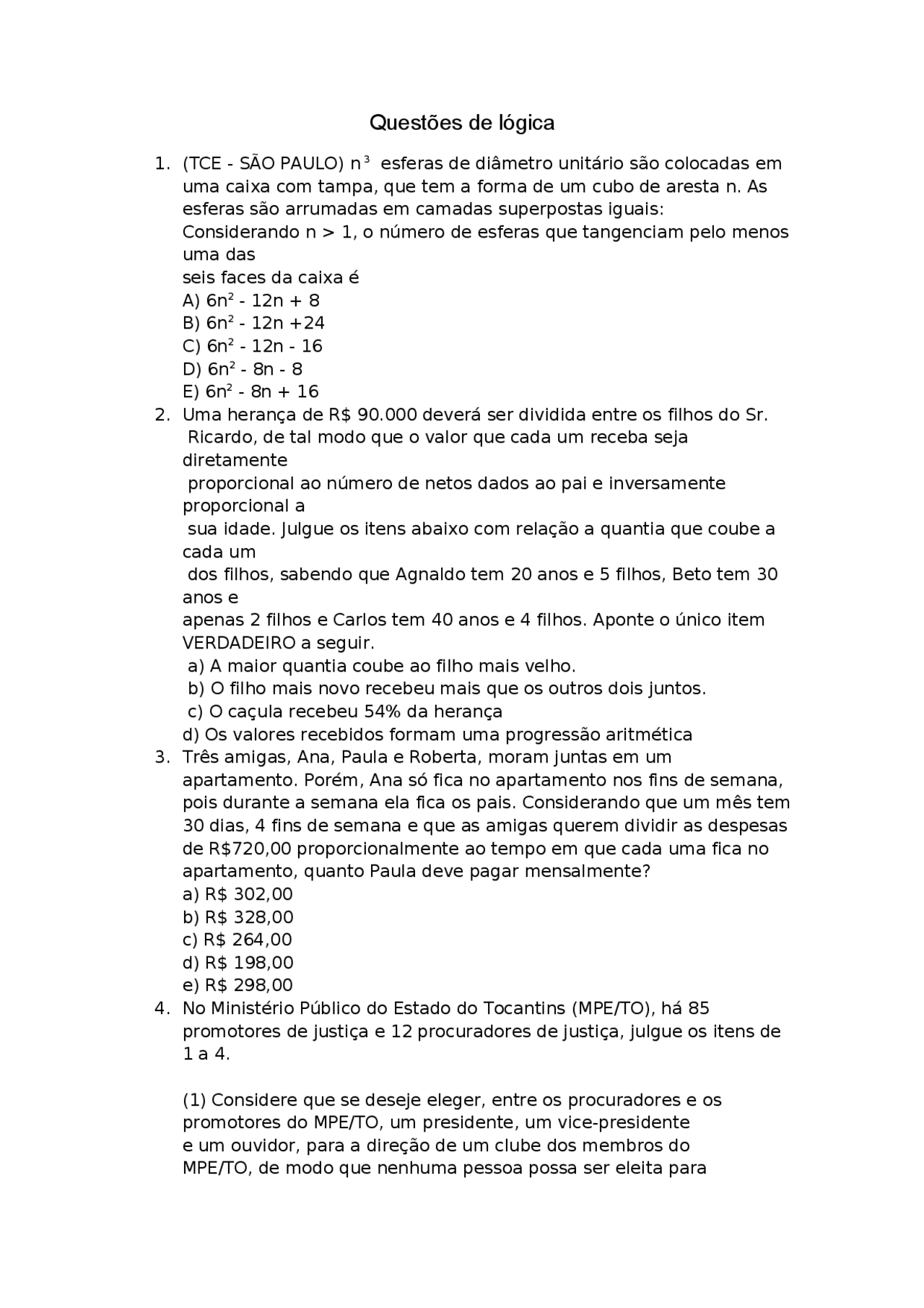 Questoes Básicas de lógica - listinha de lógica - Docsity