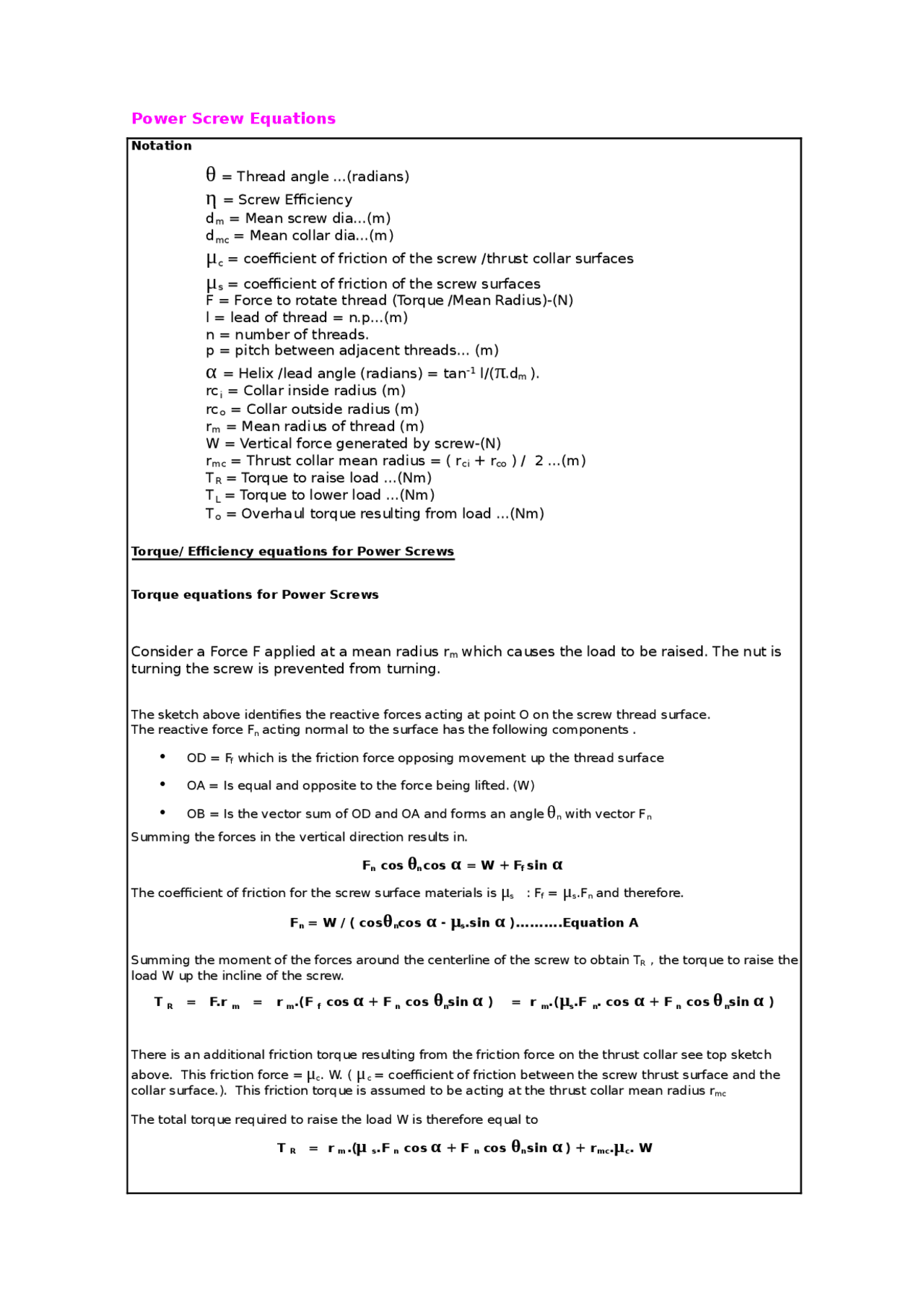 Power Screw Equations Power Screw Equations Docsity
