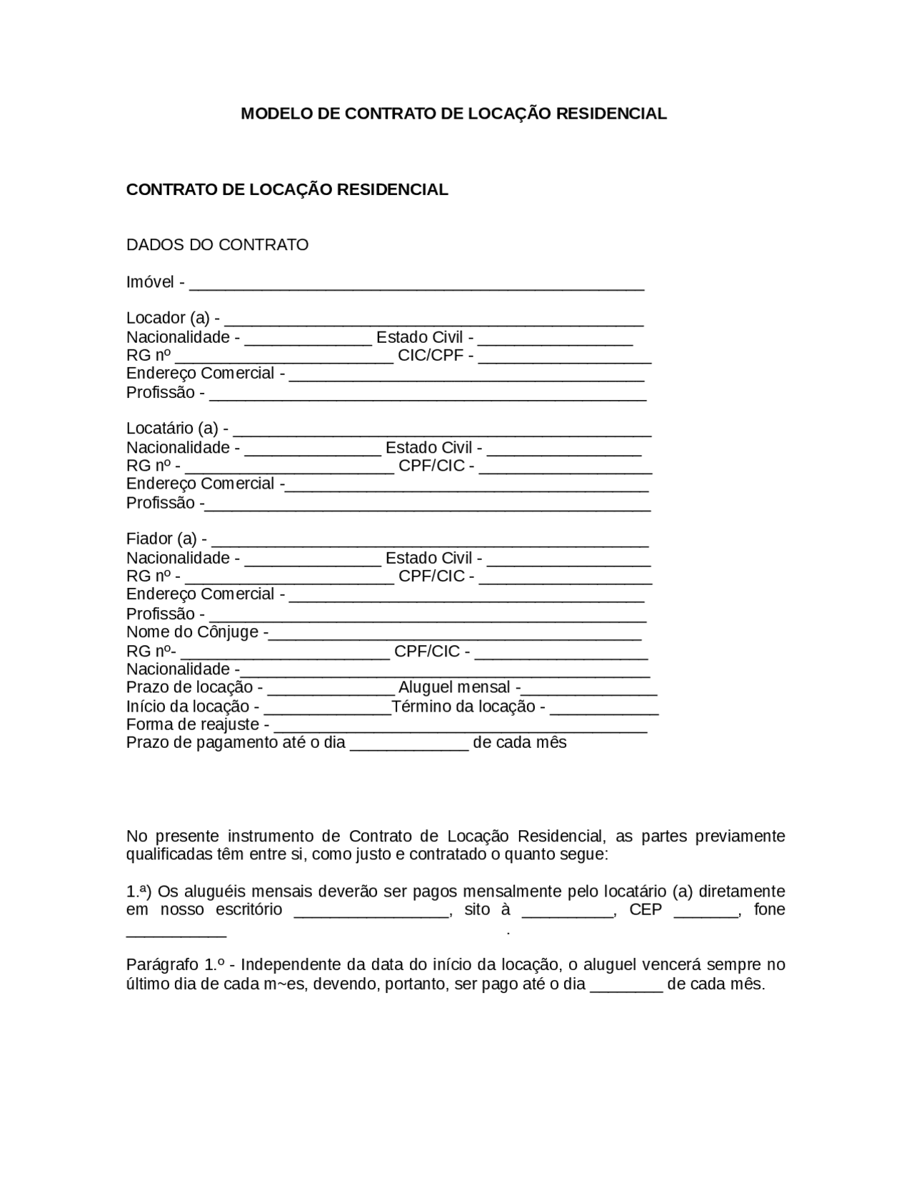 Contrato De Aluguel Simples Para Imprimir Grátis BRAINCP