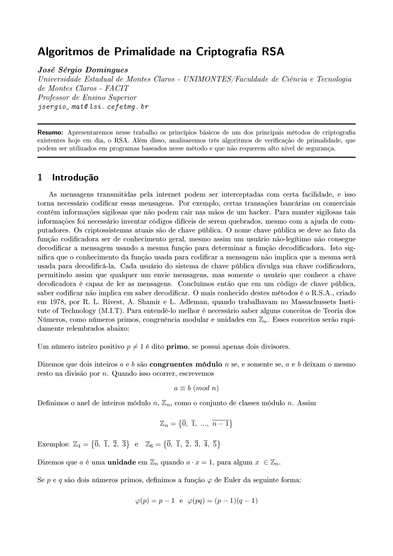 Algoritmos de Primalidade na Criptografia RSA - Artigo apresentado no ...