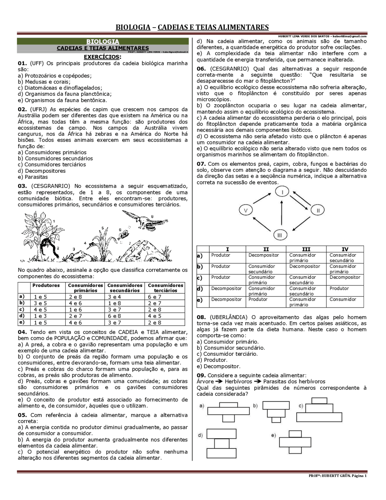 12 - CADEIAS E TEIAS ALIMENTARES - PROFº HUBERTT GRÜN - EXERCÍCIOS ...